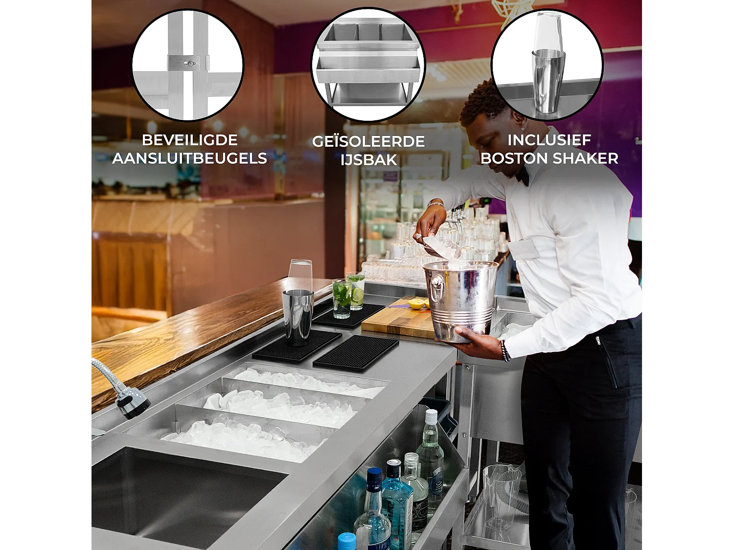 Cocktail Bar Station Ijsbak & Modulaire Hoekeenheid Roestvrij Staal Werkstation