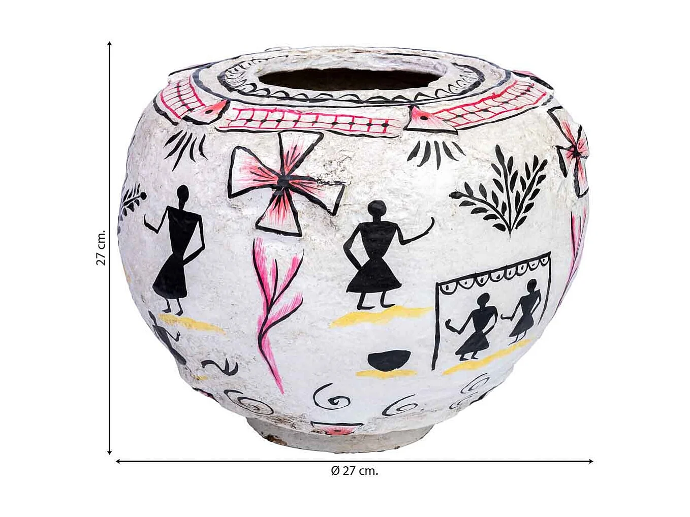 Vaso in cartapesta bianco dipinto a mano 27x27x27h cm