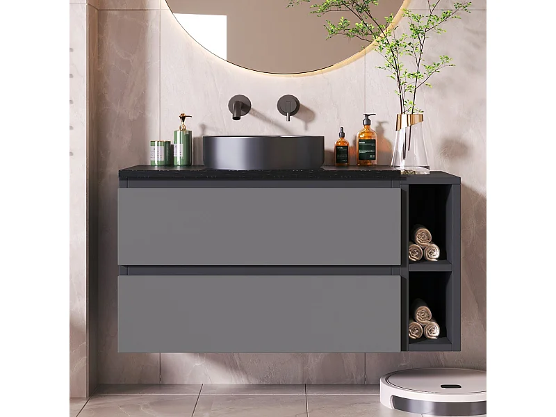 Meuble de salle de bain suspendu avec vasque en céramique, 2 tiroirs et 2 niches, Noir et gris, 80x44x48.5cm
