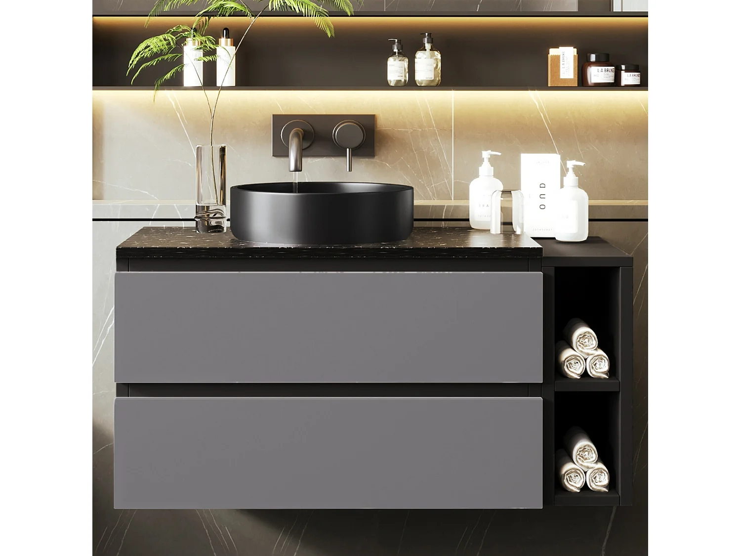 Meuble de salle de bain suspendu avec vasque en céramique, 2 tiroirs et 2 niches, Noir et gris, 80x44x48.5cm