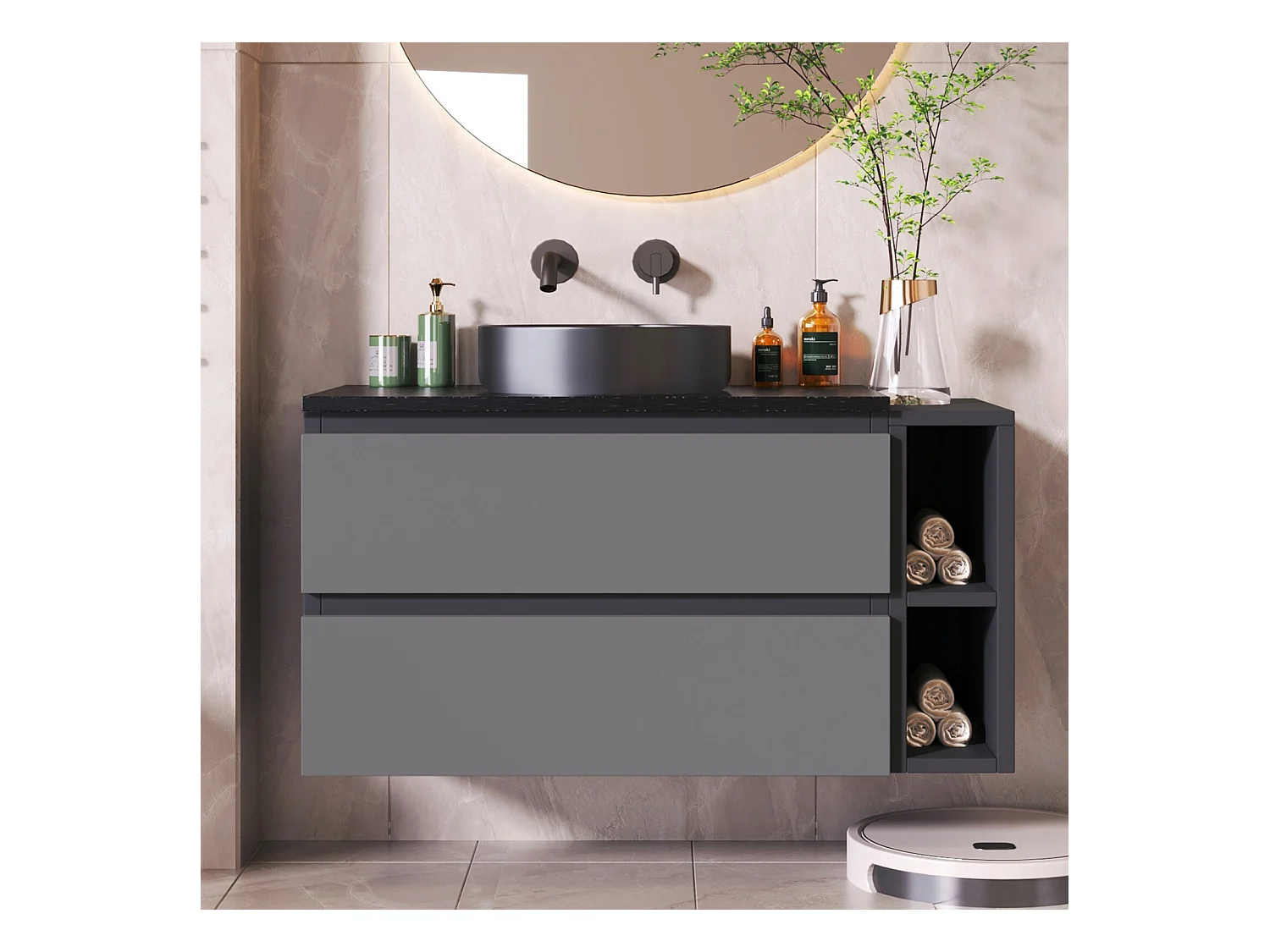 Meuble de salle de bain suspendu avec vasque en céramique, 2 tiroirs et 2 niches, Noir et gris, 80x44x48.5cm