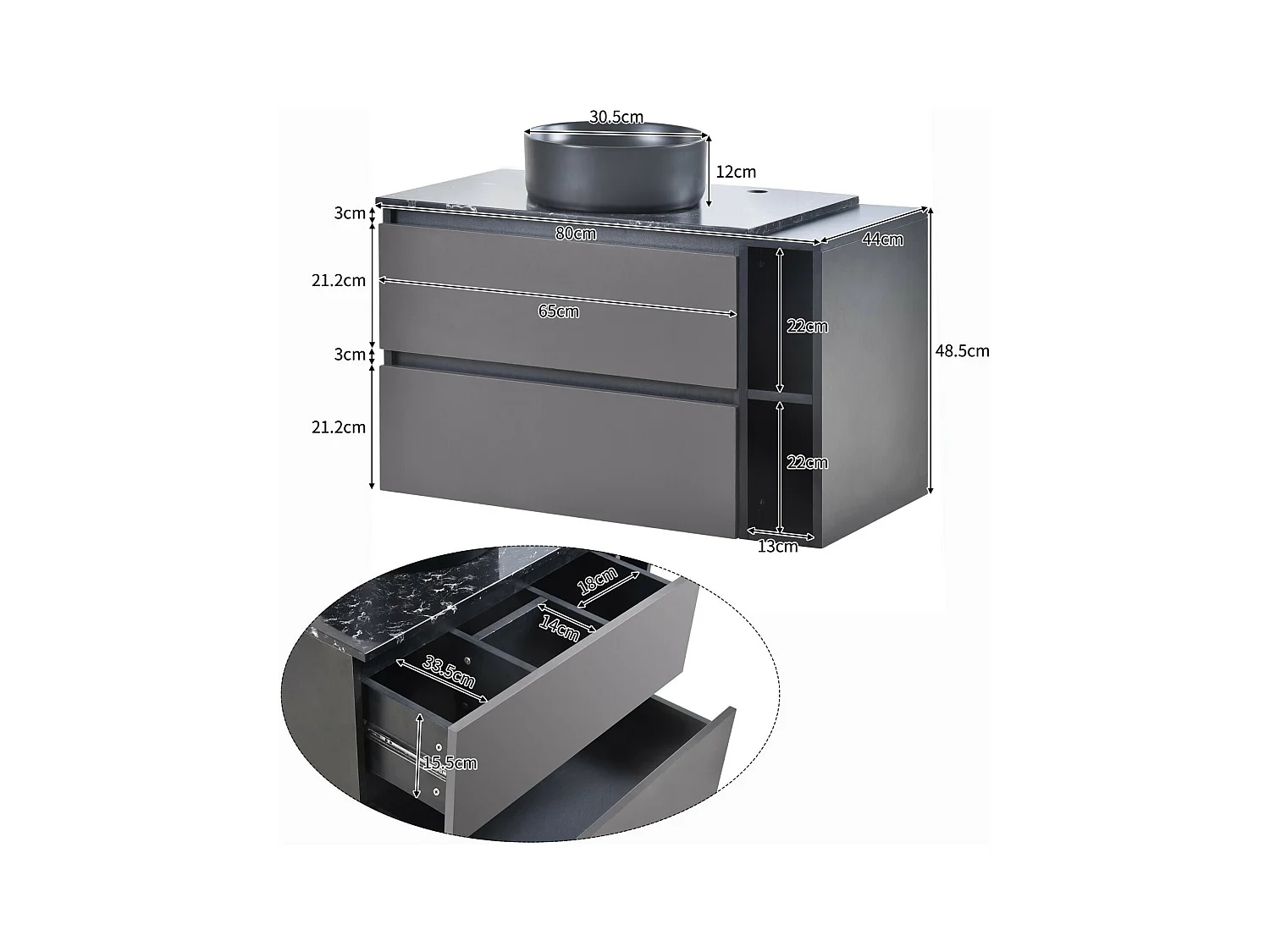 Muebles de baño suspendidos con cuenca de cerámica, 2 cajones y 2 nichos, negro y gris, 80x44x48.5cm