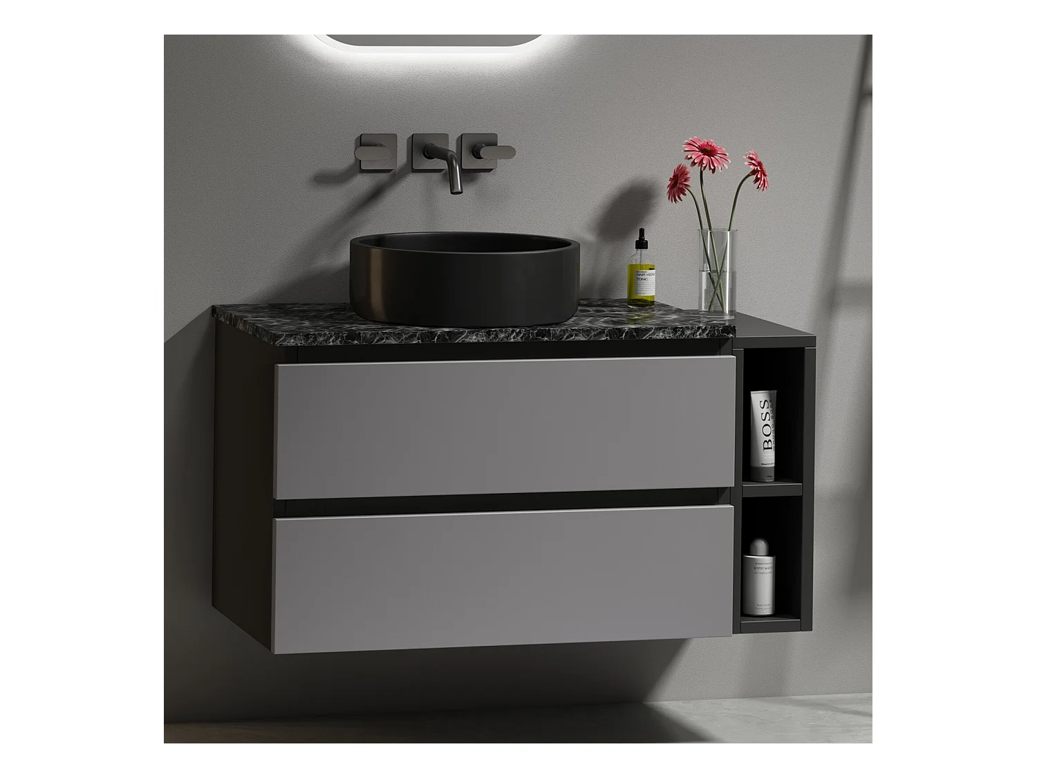 Muebles de baño suspendidos con cuenca de cerámica, 2 cajones y 2 nichos, negro y gris, 80x44x48.5cm
