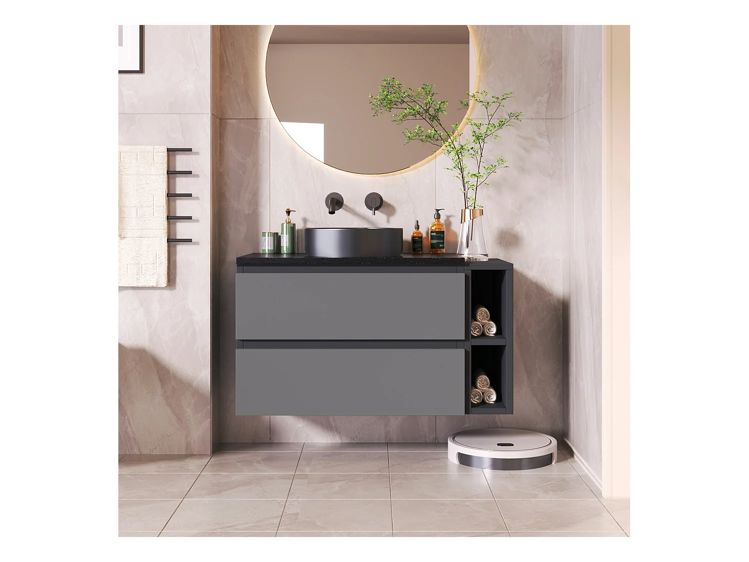 Muebles de baño suspendidos con cuenca de cerámica, 2 cajones y 2 nichos, negro y gris, 80x44x48.5cm