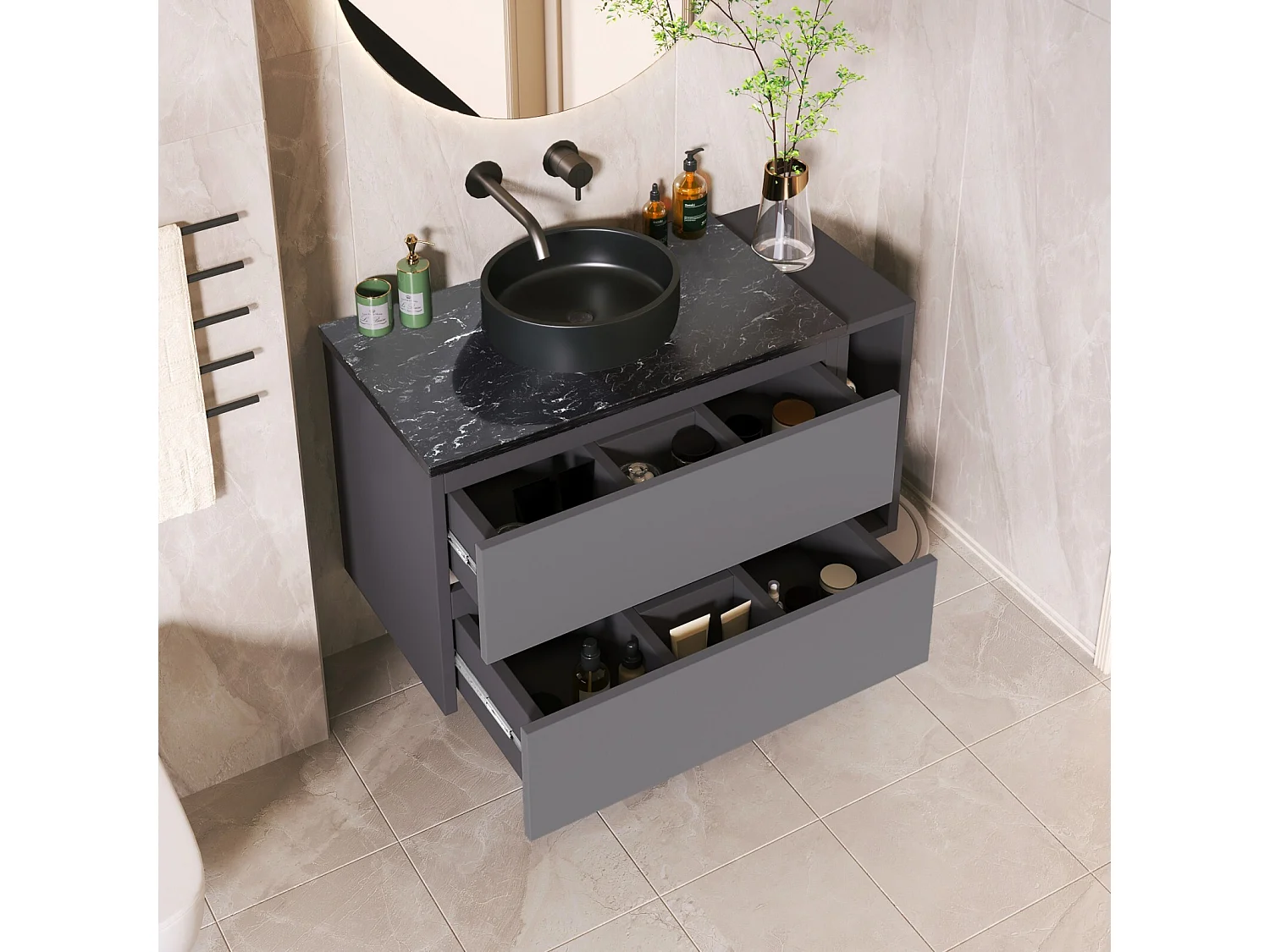 Meuble de salle de bain suspendu avec vasque en céramique, 2 tiroirs et 2 niches, Noir et gris, 80x44x48.5cm