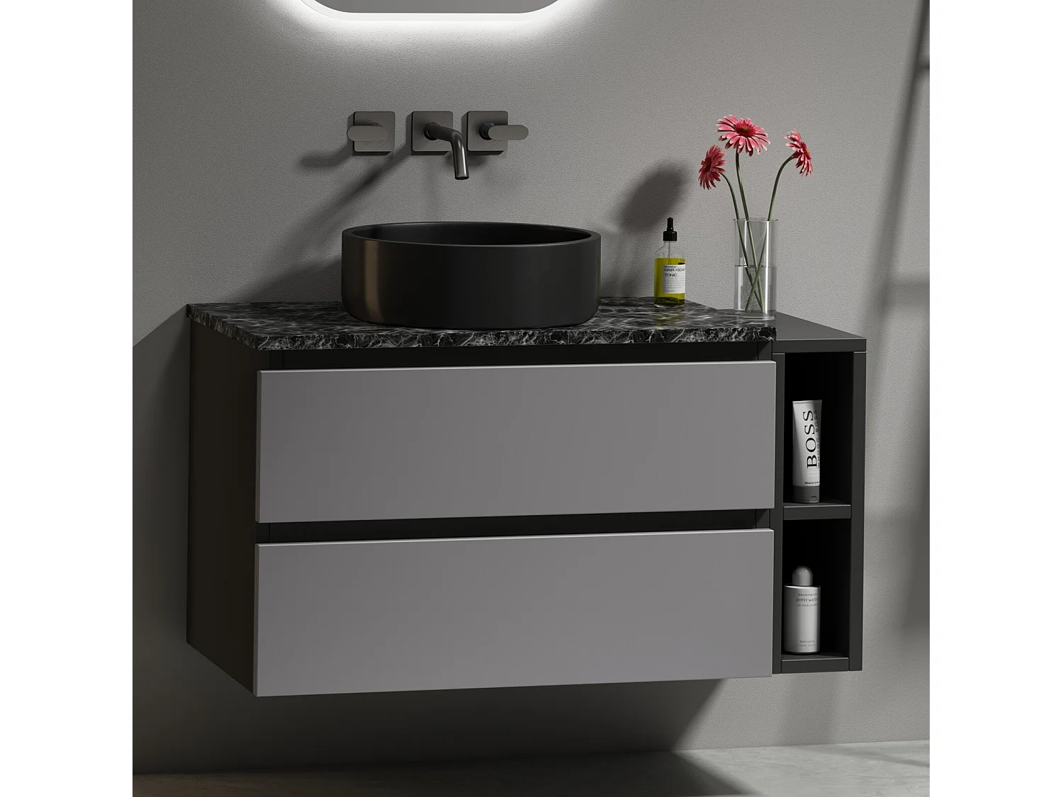 Meuble de salle de bain suspendu avec vasque en céramique, 2 tiroirs et 2 niches, Noir et gris, 80x44x48.5cm