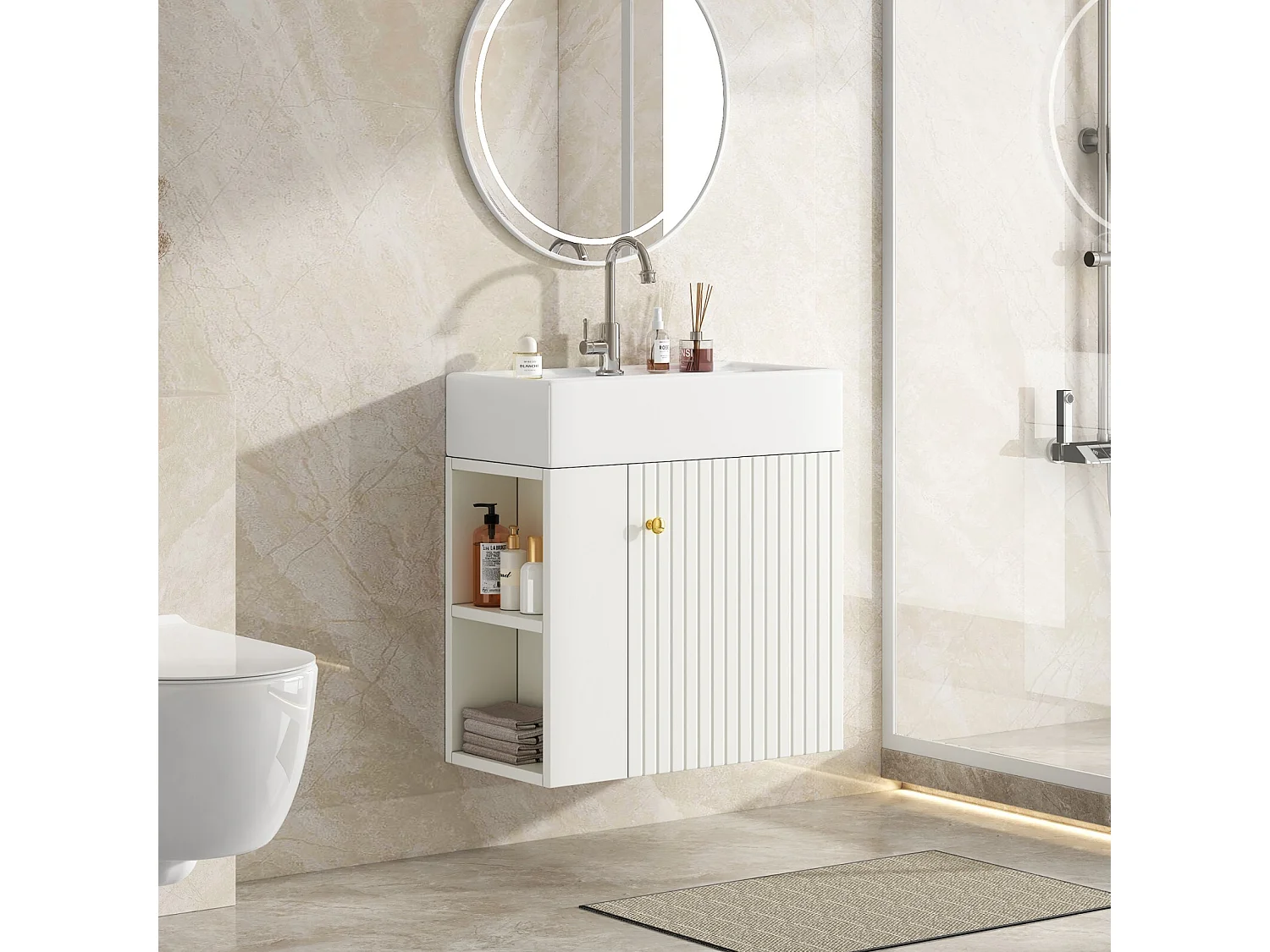 Opgehangen badkamerkast met 55 cm gebouwd -in bassin, deur en 2 nissen - wit - 55x31x66,5 cm