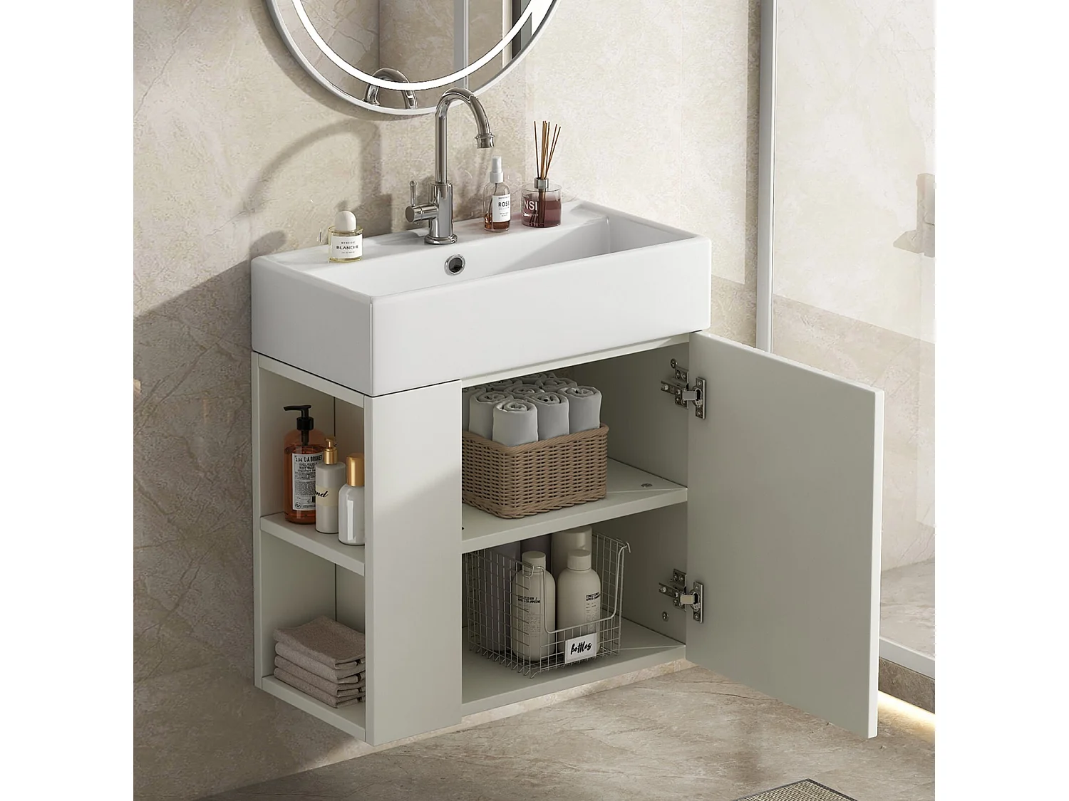 Opgehangen badkamerkast met 55 cm gebouwd -in bassin, deur en 2 nissen - wit - 55x31x66,5 cm