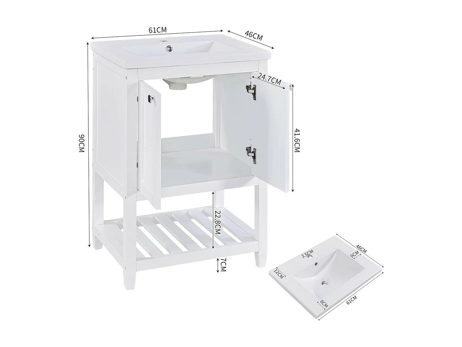 Meuble de salle de bain avec vasque en céramique à encastrer - 60 cm - Blanc - facile à installer