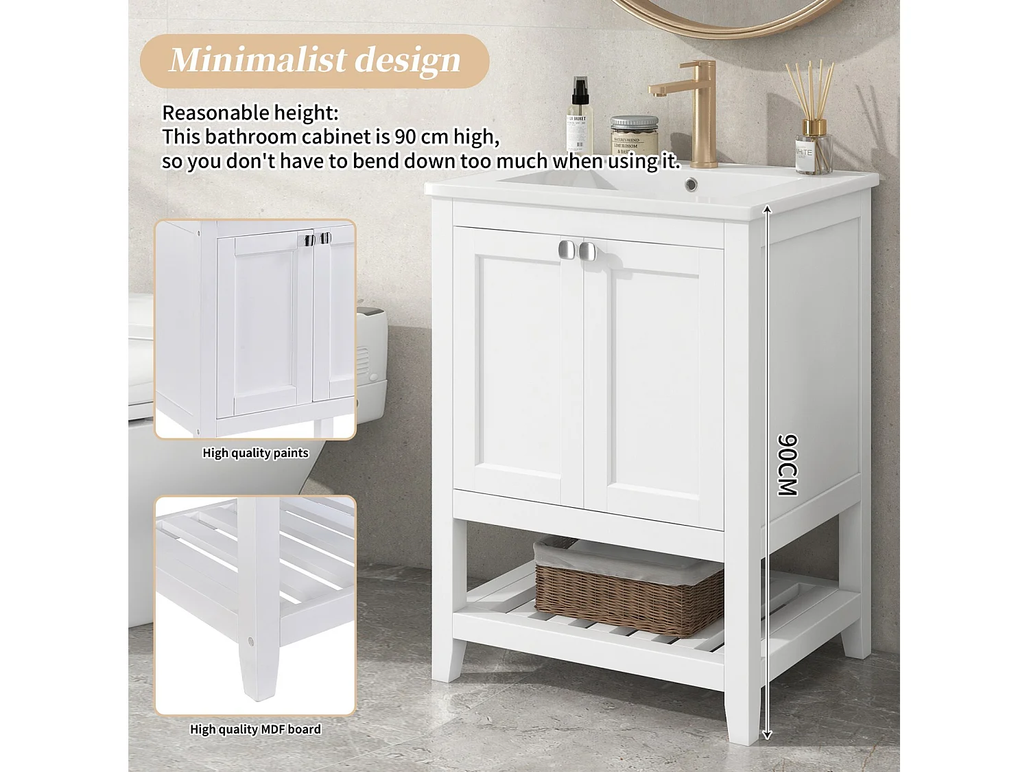 Meuble de salle de bain avec vasque en céramique à encastrer - 60 cm - Blanc - facile à installer