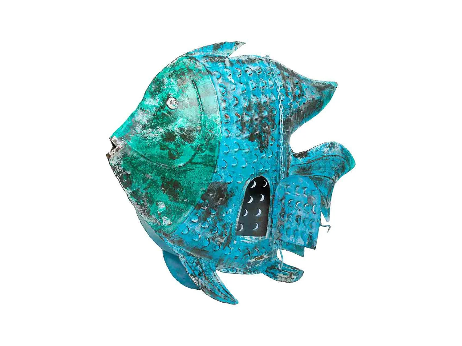 Castiçal antigo metal peixe azul 105x10x80h cm