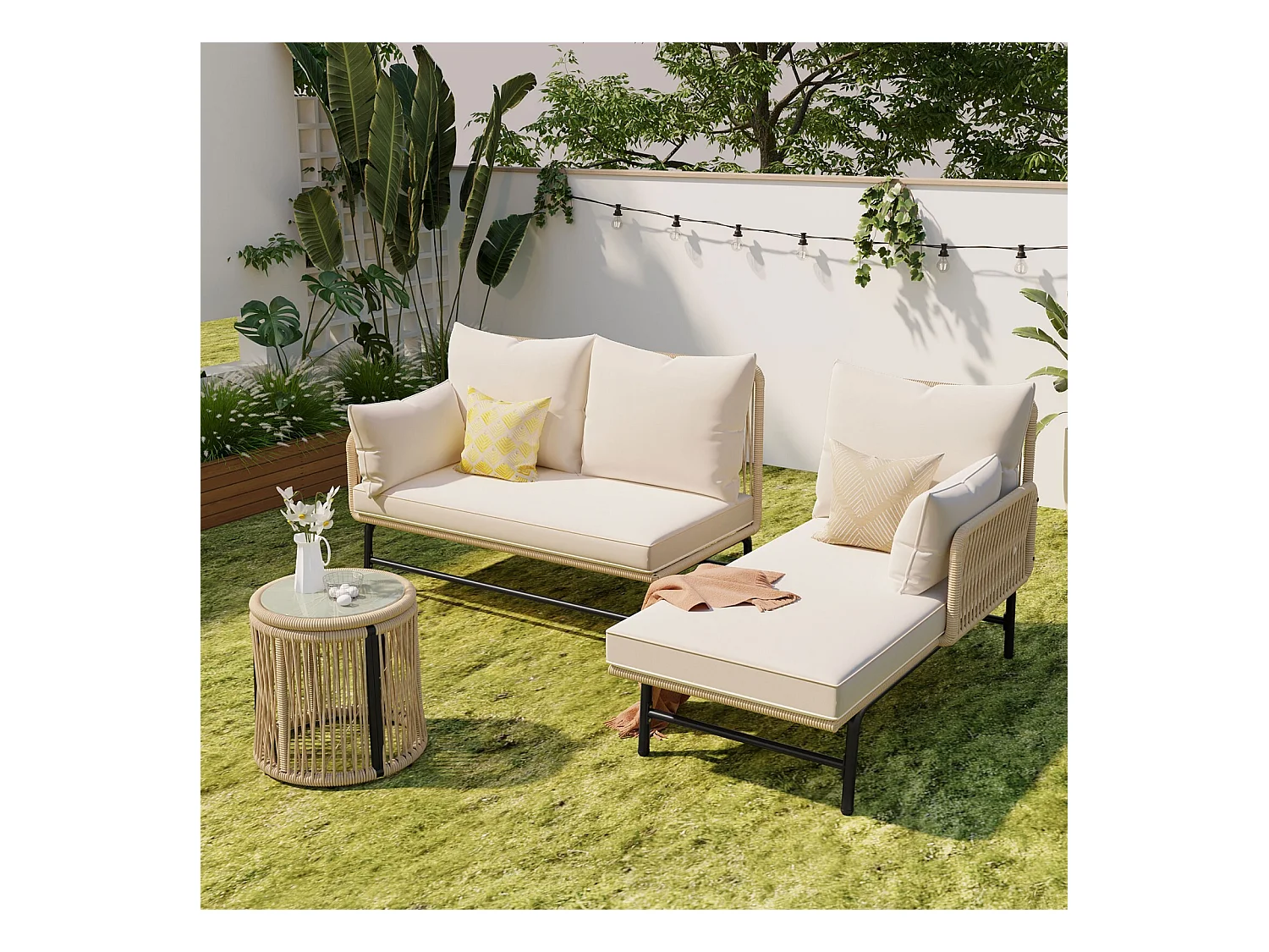 Salon de jardin en métal - avec coussins beige 8cm et dossier - Canapé 2 places + Méridienne droite + table basse