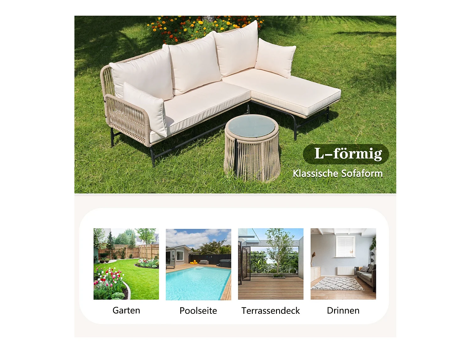 Metalen tuinmeubels - met 8 cm beige kussens en rugleuning - 2 -seater bank + rechter meridian + salontafel