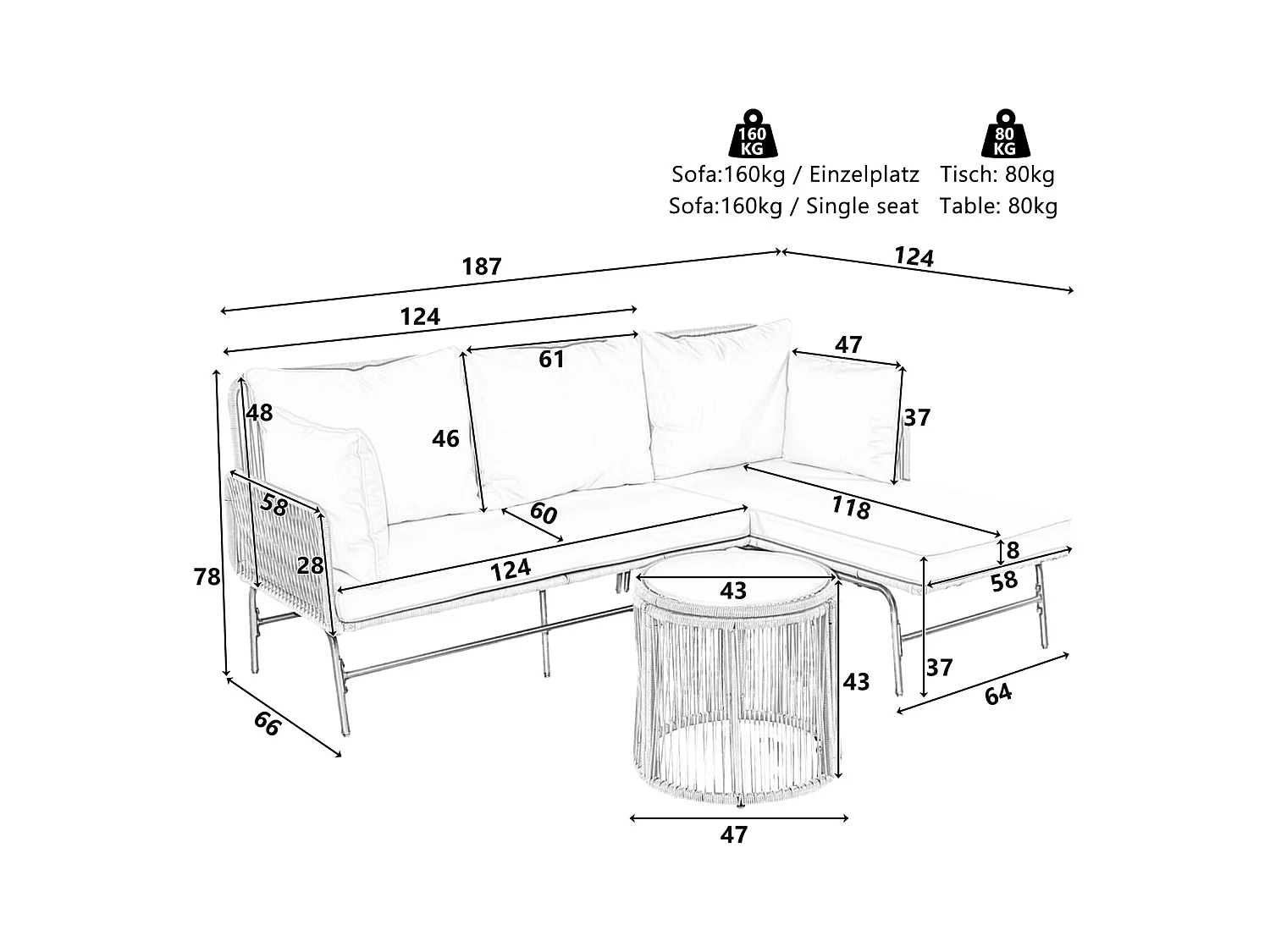 Metalen tuinmeubels - met 8 cm beige kussens en rugleuning - 2 -seater bank + rechter meridian + salontafel