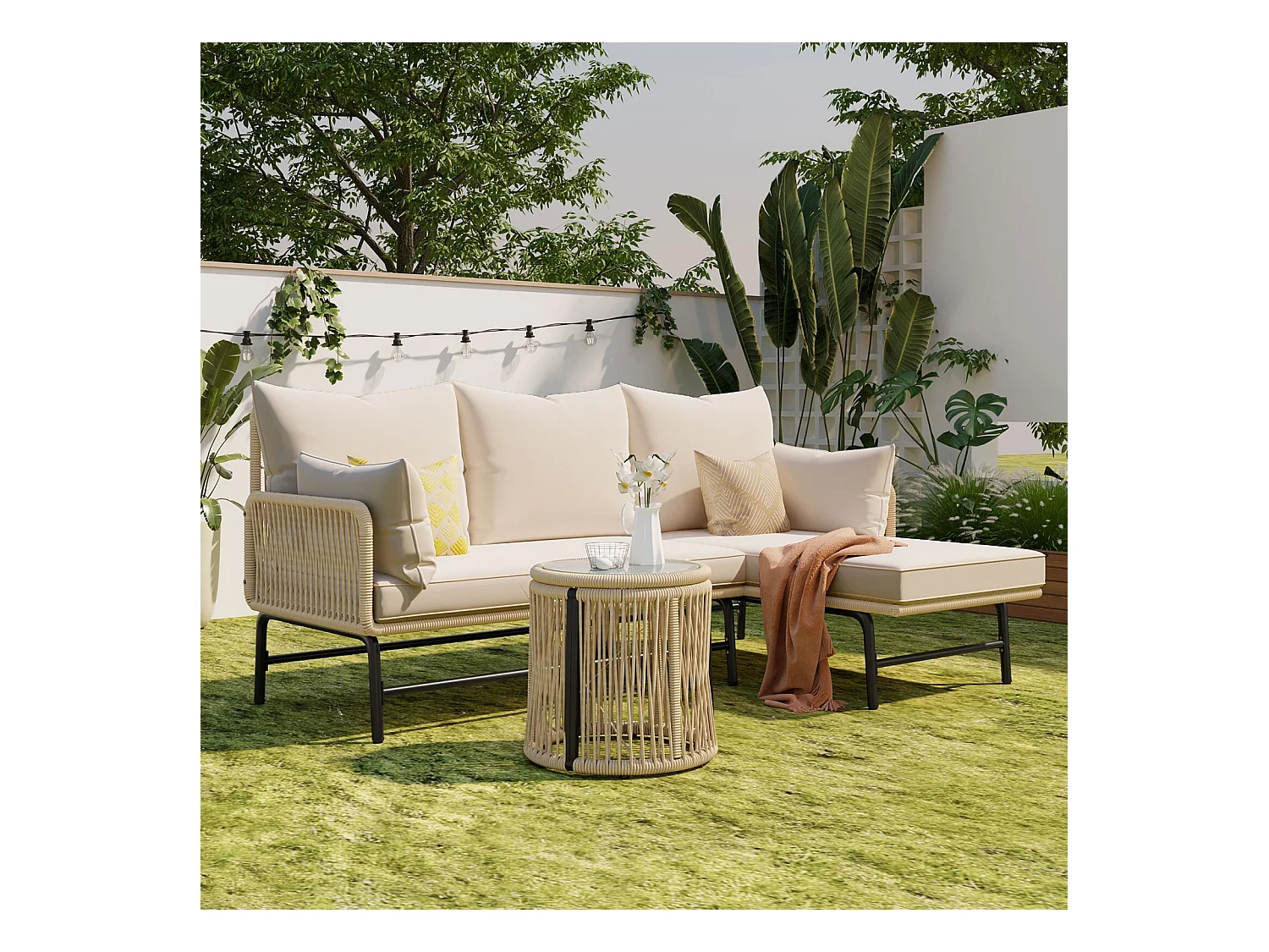 Metalen tuinmeubels - met 8 cm beige kussens en rugleuning - 2 -seater bank + rechter meridian + salontafel