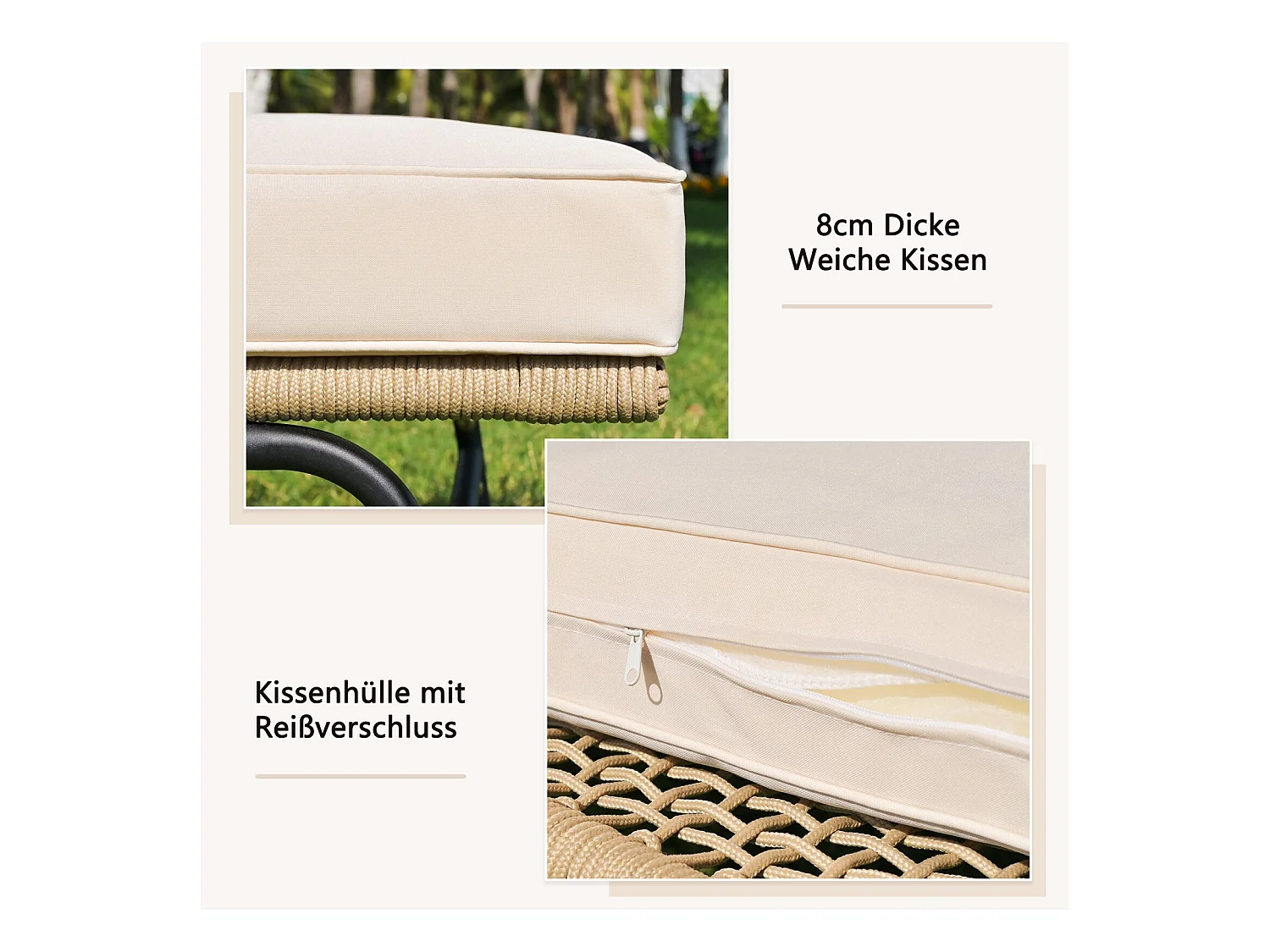 Metalen tuinmeubels - met 8 cm beige kussens en rugleuning - 2 -seater bank + rechter meridian + salontafel