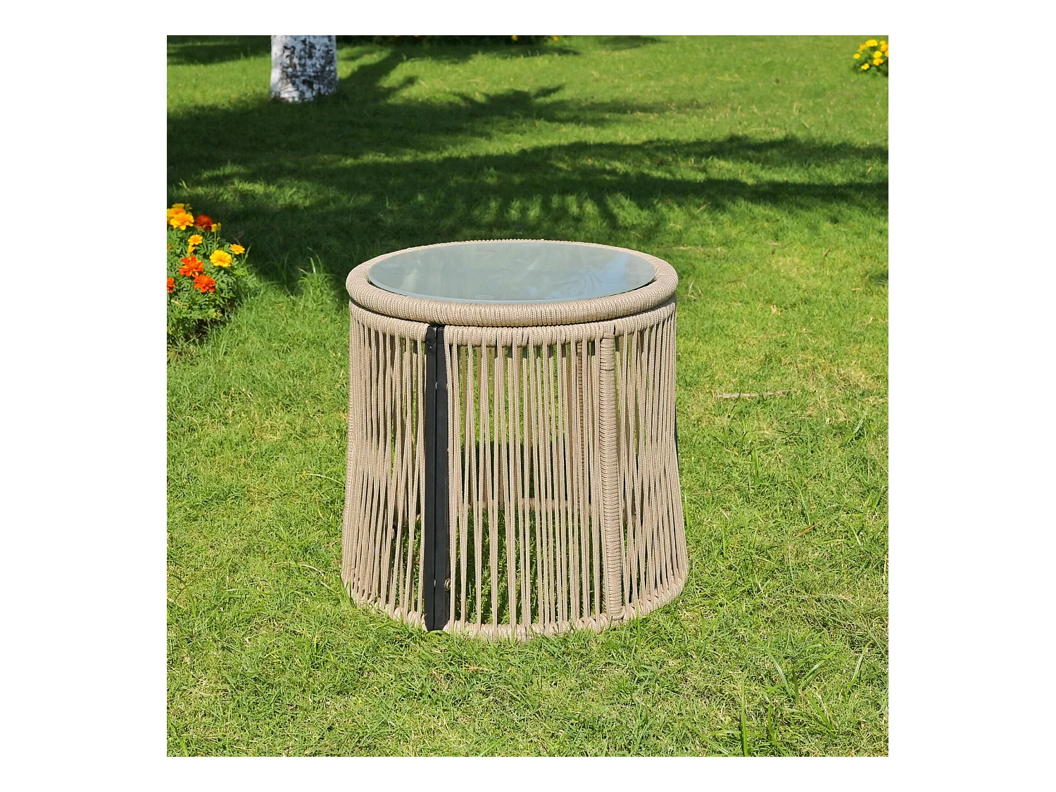 Metalen tuinmeubels - met 8 cm beige kussens en rugleuning - 2 -seater bank + rechter meridian + salontafel