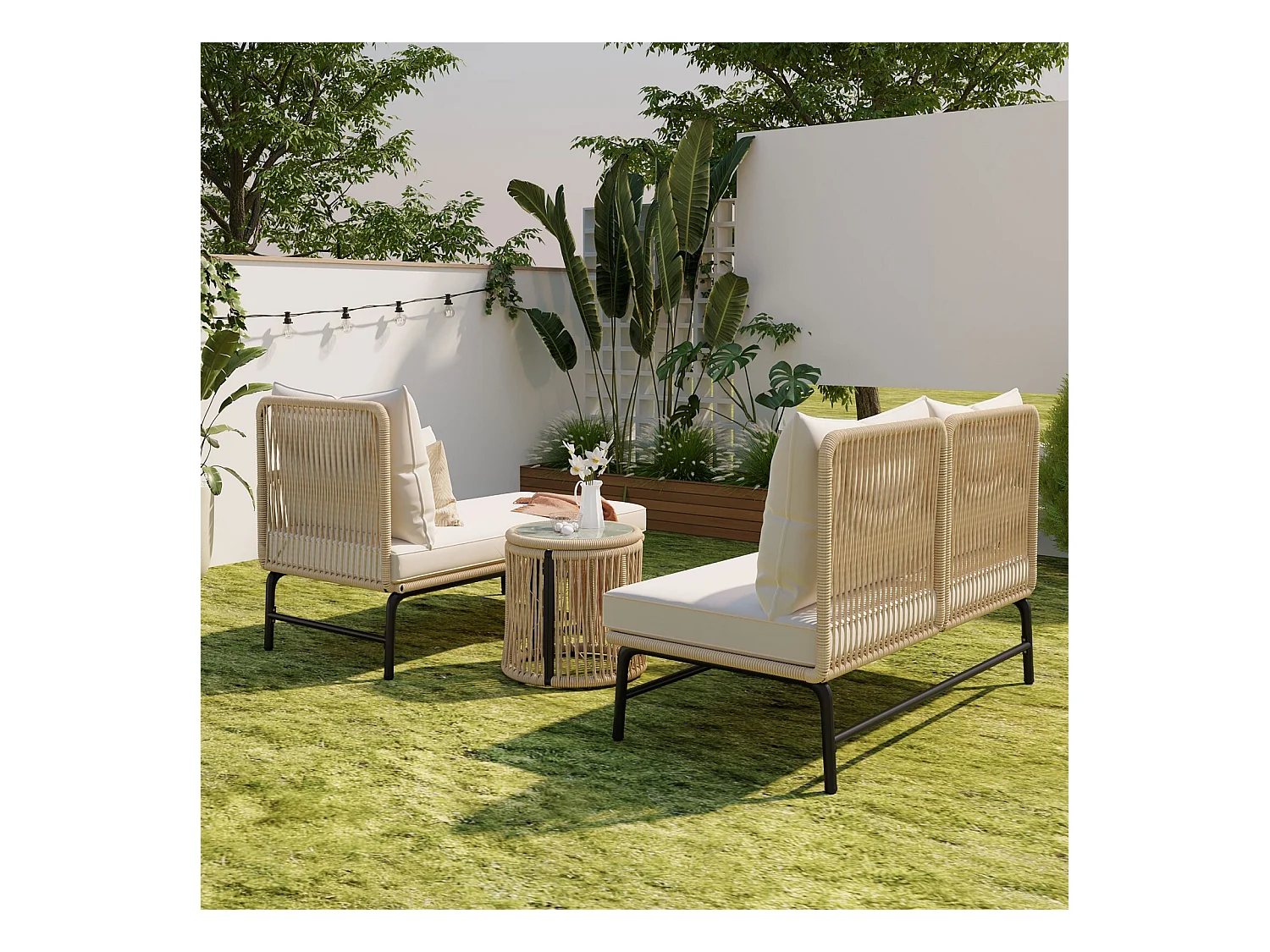 Metalen tuinmeubels - met 8 cm beige kussens en rugleuning - 2 -seater bank + rechter meridian + salontafel
