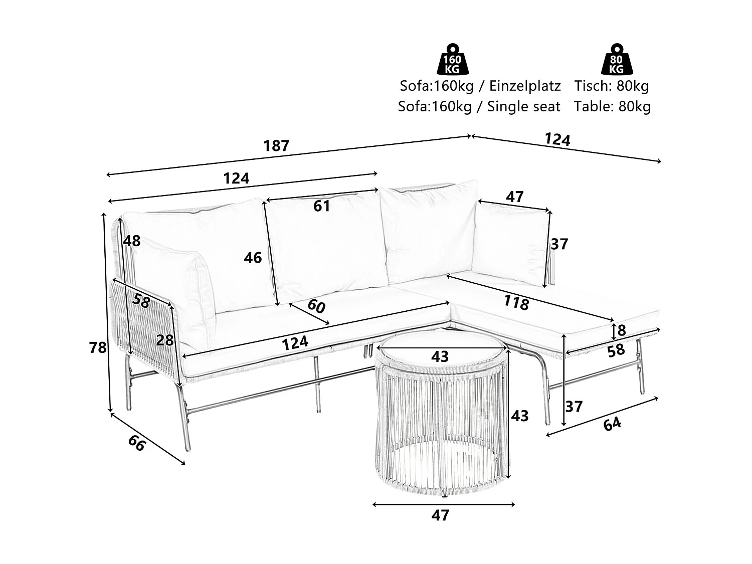 Salon de jardin en métal - avec coussins beige 8cm et dossier - Canapé 2 places + Méridienne droite + table basse