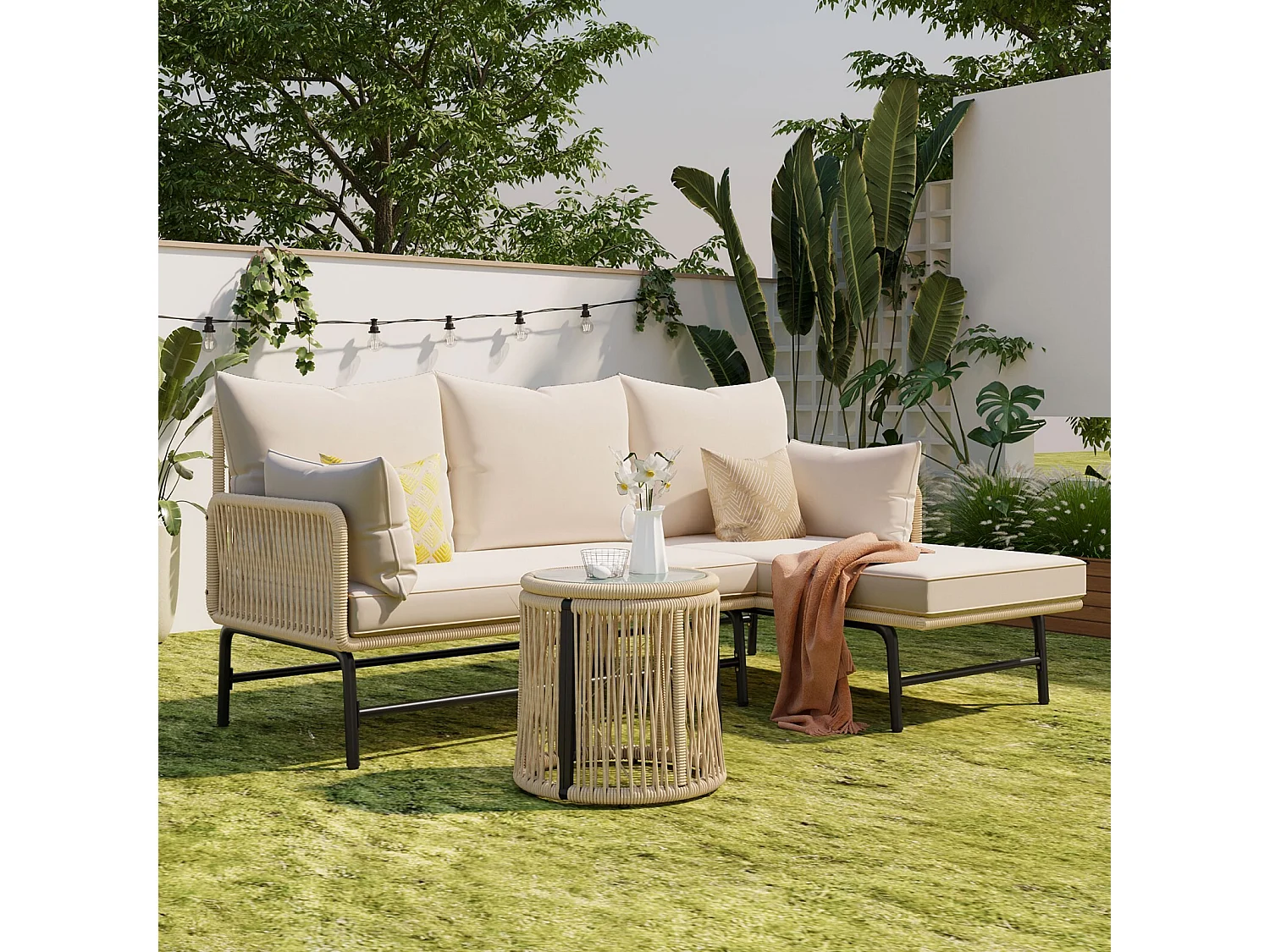 Salon de jardin en métal - avec coussins beige 8cm et dossier - Canapé 2 places + Méridienne droite + table basse