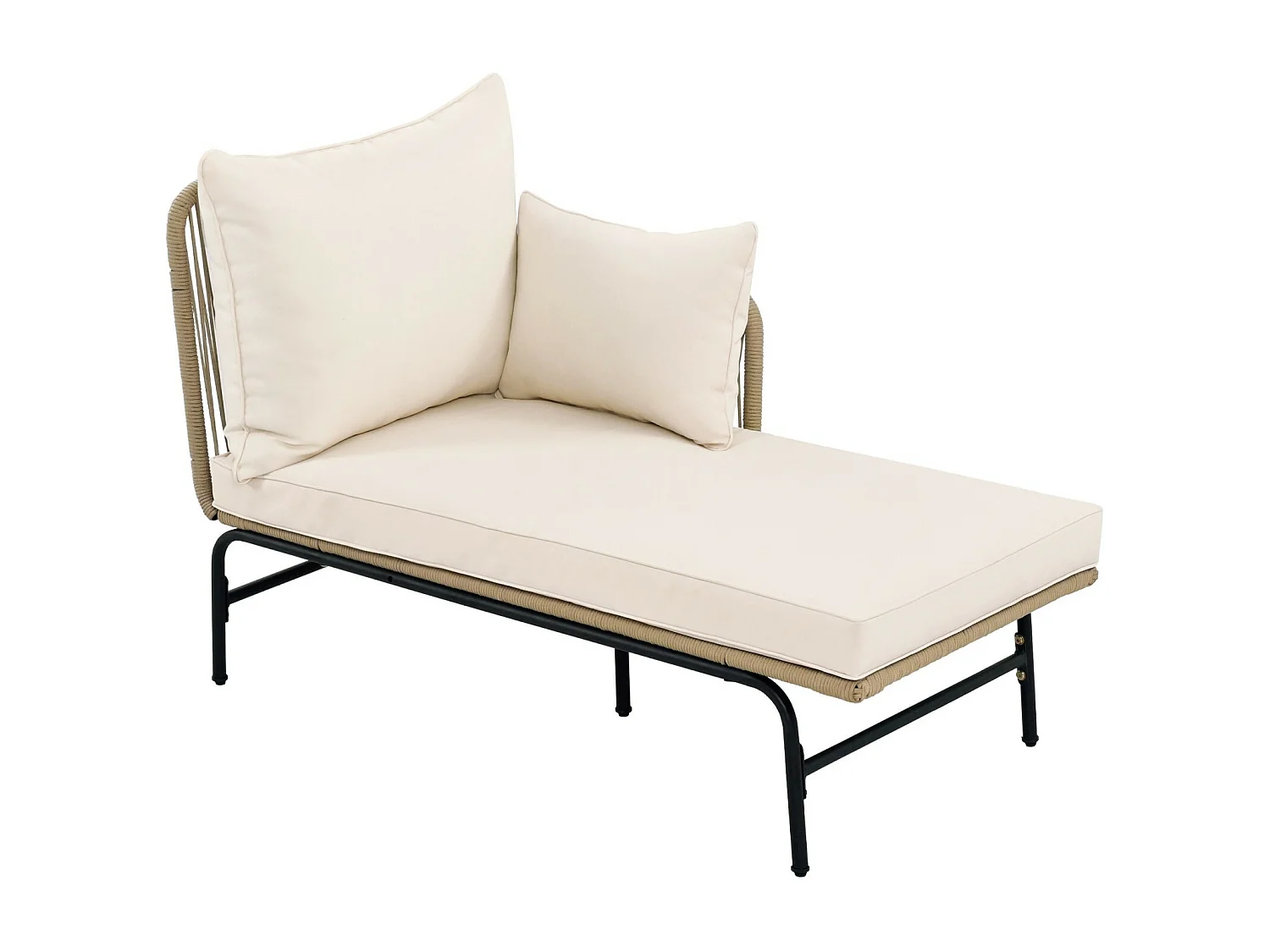 Salon de jardin en métal - avec coussins beige 8cm et dossier - Canapé 2 places + Méridienne droite + table basse