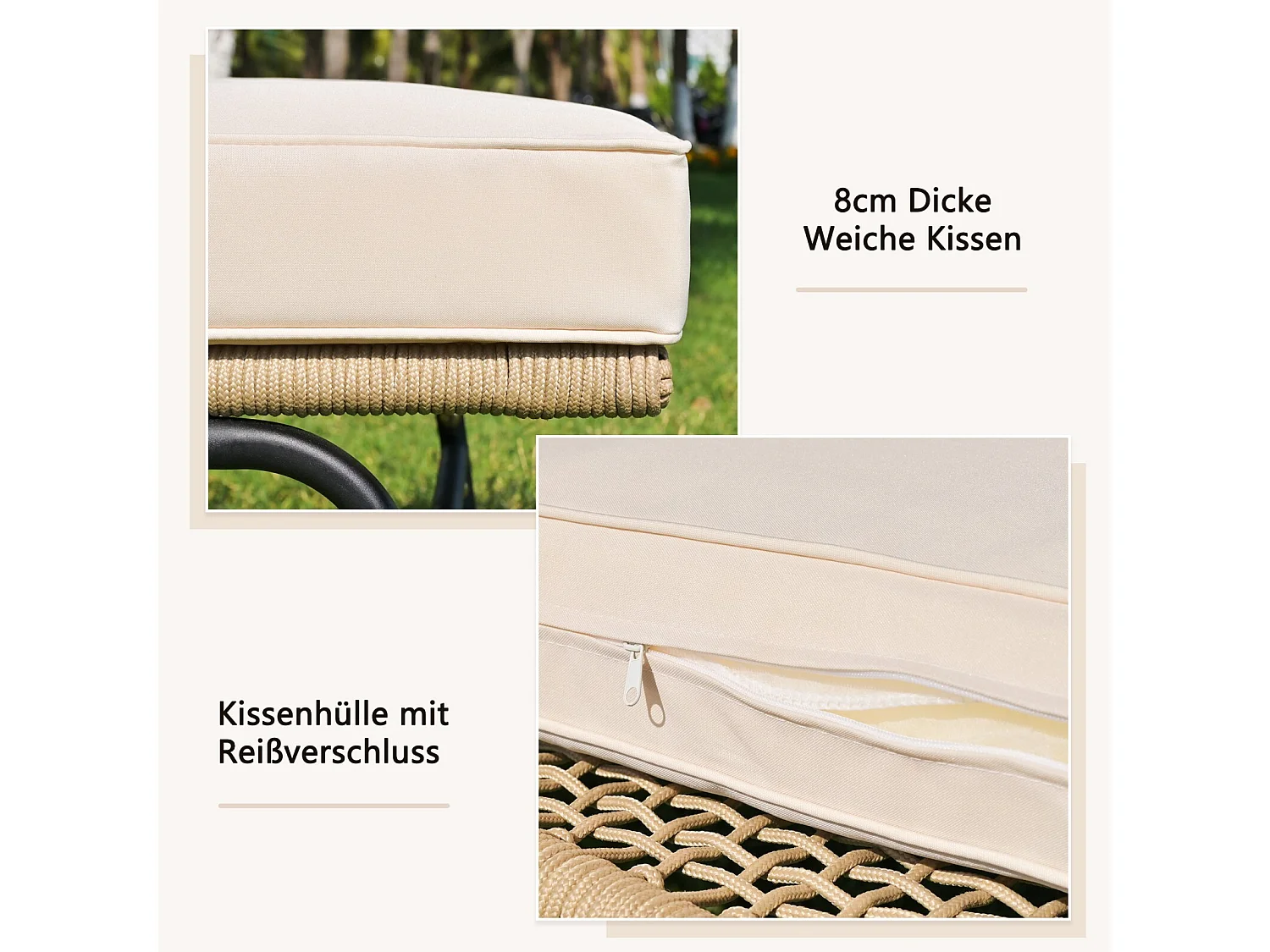 Salon de jardin en métal - avec coussins beige 8cm et dossier - Canapé 2 places + Méridienne droite + table basse