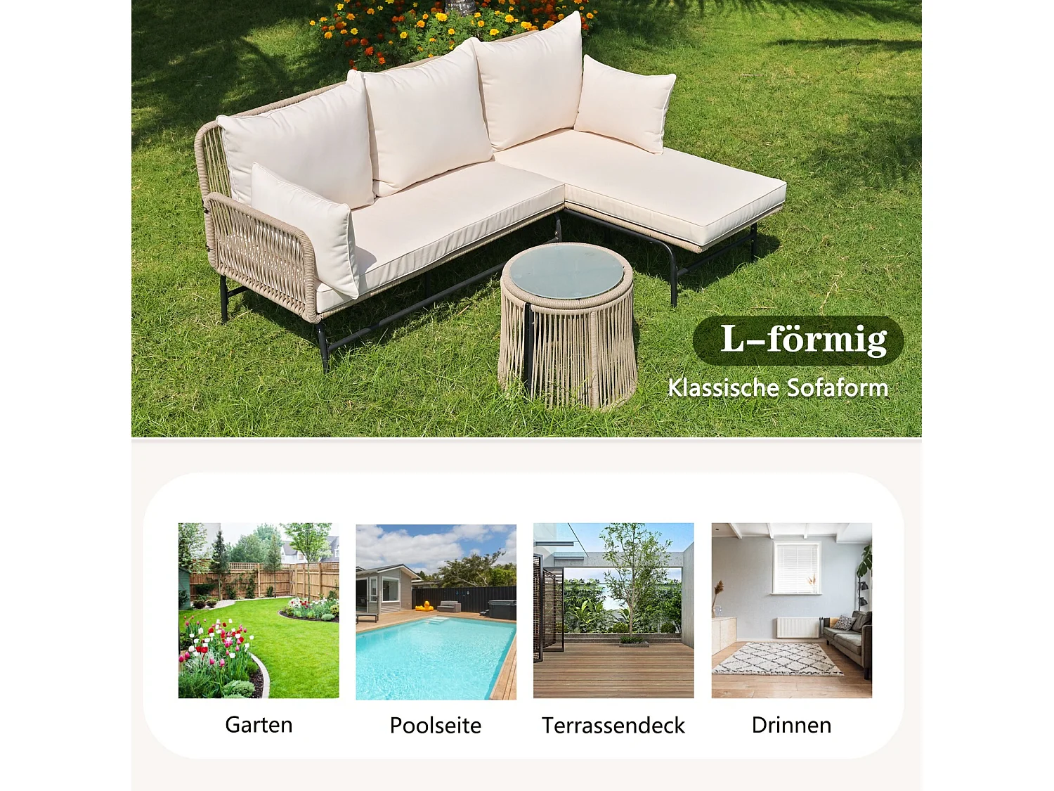 Salon de jardin en métal - avec coussins beige 8cm et dossier - Canapé 2 places + Méridienne droite + table basse