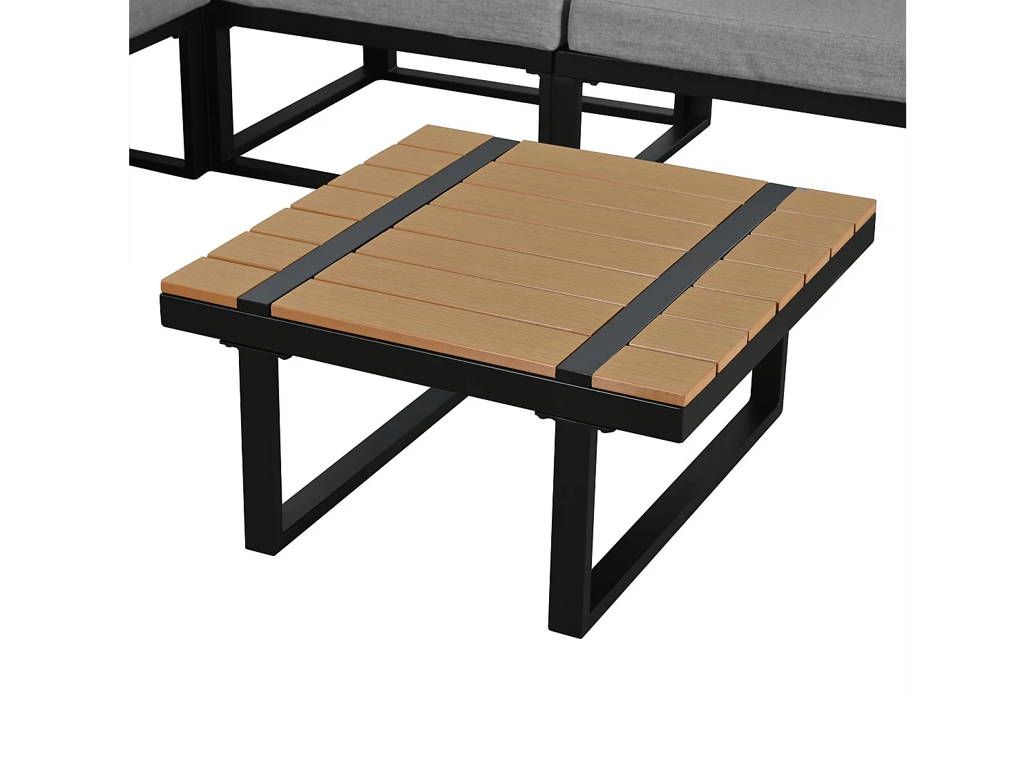 Gegalvaniseerd stalen tuinmeubilair met grijs kussen: salontafel en twee 3 -zitplaatsen bank met kantelfunctie