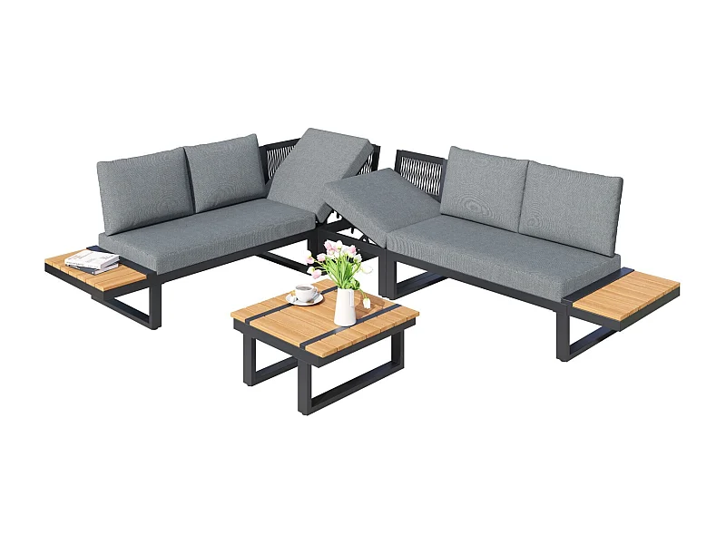 Gegalvaniseerd stalen tuinmeubilair met grijs kussen: salontafel en twee 3 -zitplaatsen bank met kantelfunctie