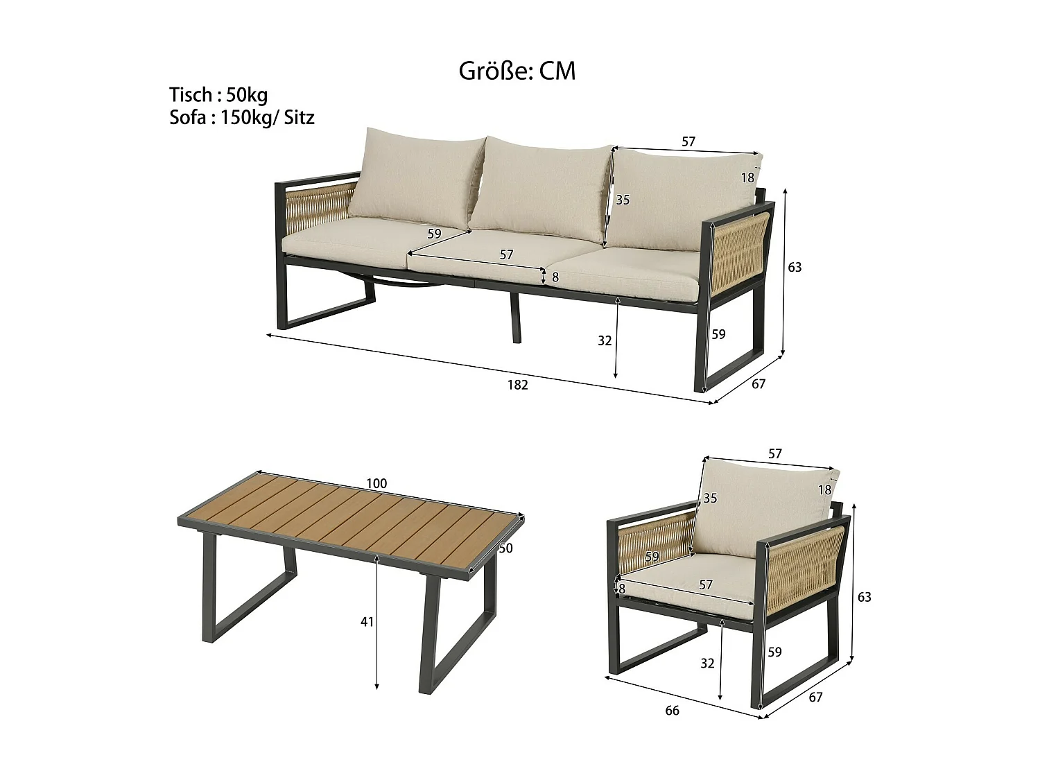 Set van 4 gegalvaniseerd stalen tuinmeubilair met beige kussen: 3 -seater bank, 2 fauteuils en salontafel