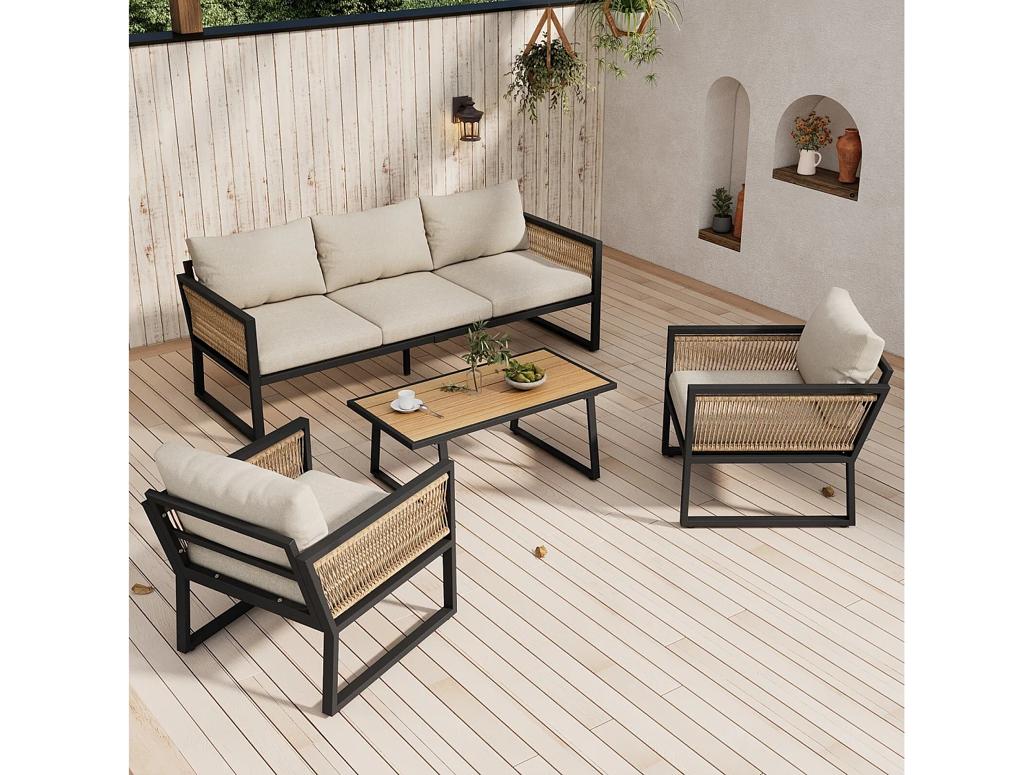 Set di 4 mobili da giardino in acciaio galvanizzato con cuscino beige: divano da 3 -vetri, 2 poltrone e tavolino da caffè