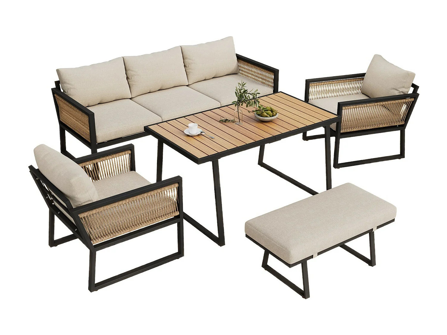 Lot de 5 salon de jardin en acier galvanisé avec coussin beige : canapé 3 places, 2 fauteuils, tabourets et table basse