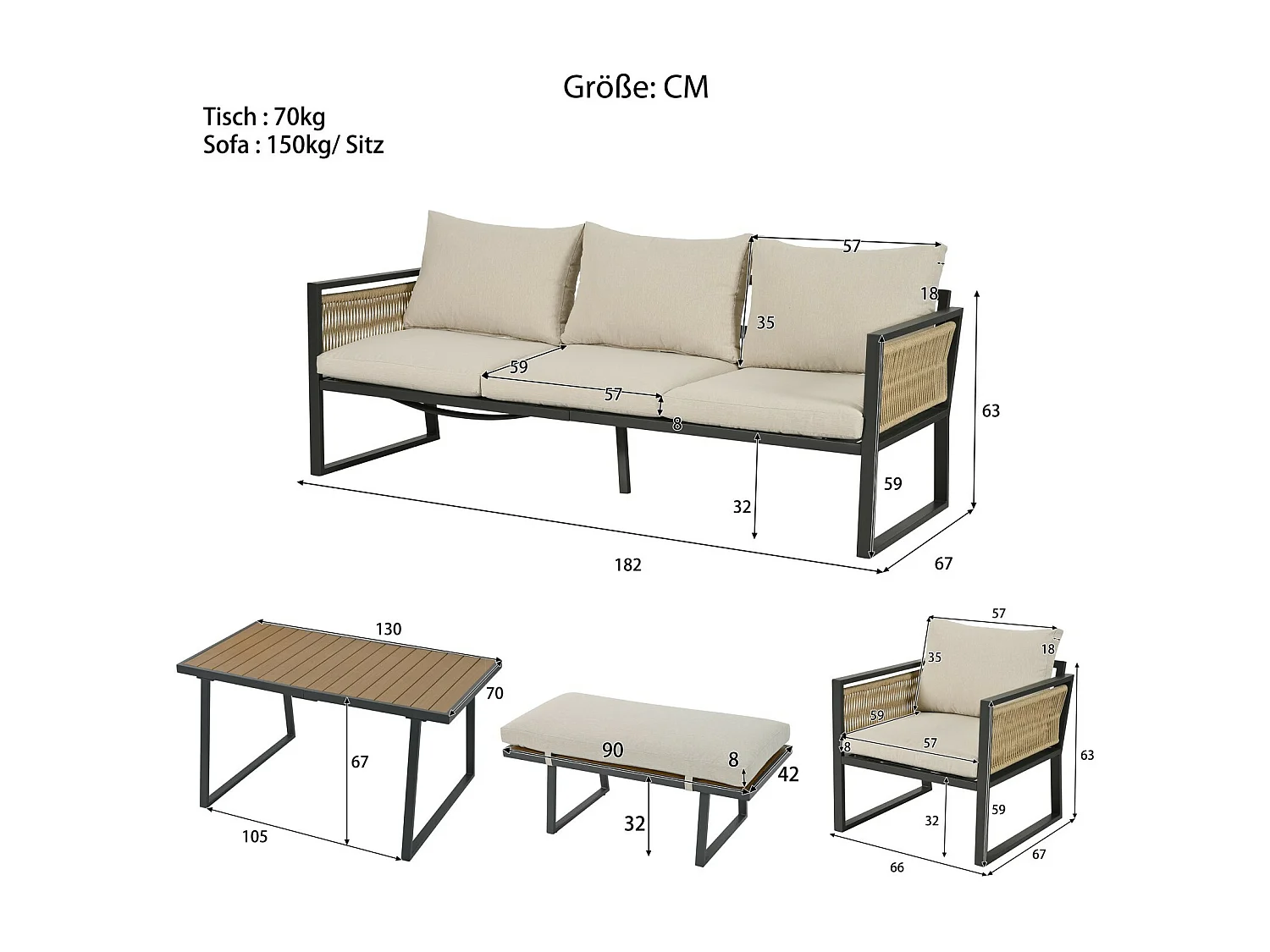Lot de 5 salon de jardin en acier galvanisé avec coussin beige : canapé 3 places, 2 fauteuils, tabourets et table basse