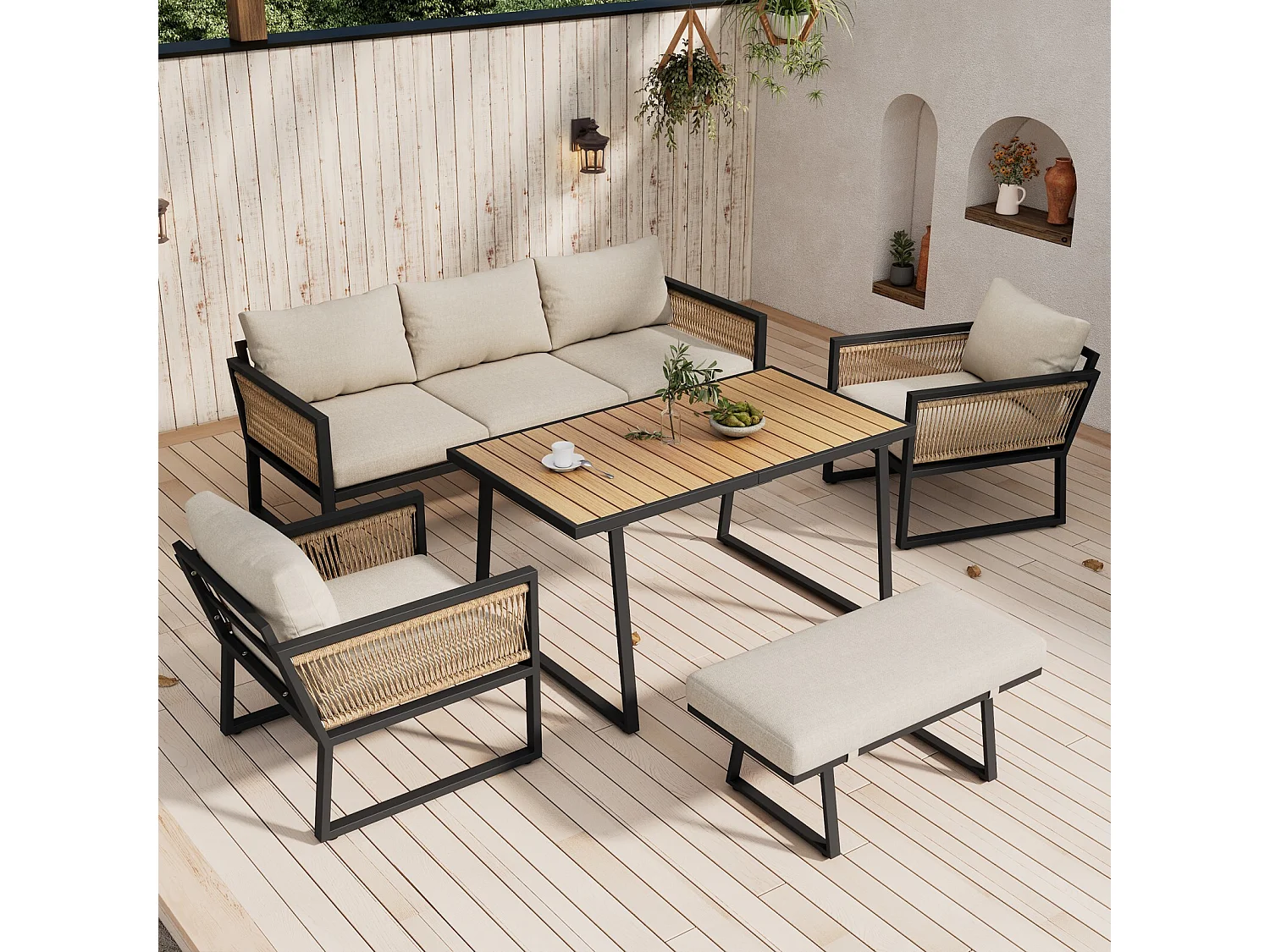 Lot de 5 salon de jardin en acier galvanisé avec coussin beige : canapé 3 places, 2 fauteuils, tabourets et table basse