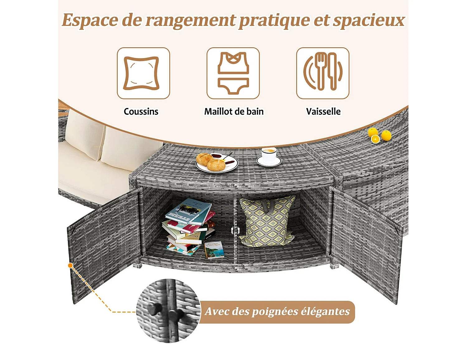 Tuinmeubilair met een ronde bank, beige kussens en opslag, verstelbare voeten, voor opblaasbaar zwembad - 283x283x55cm