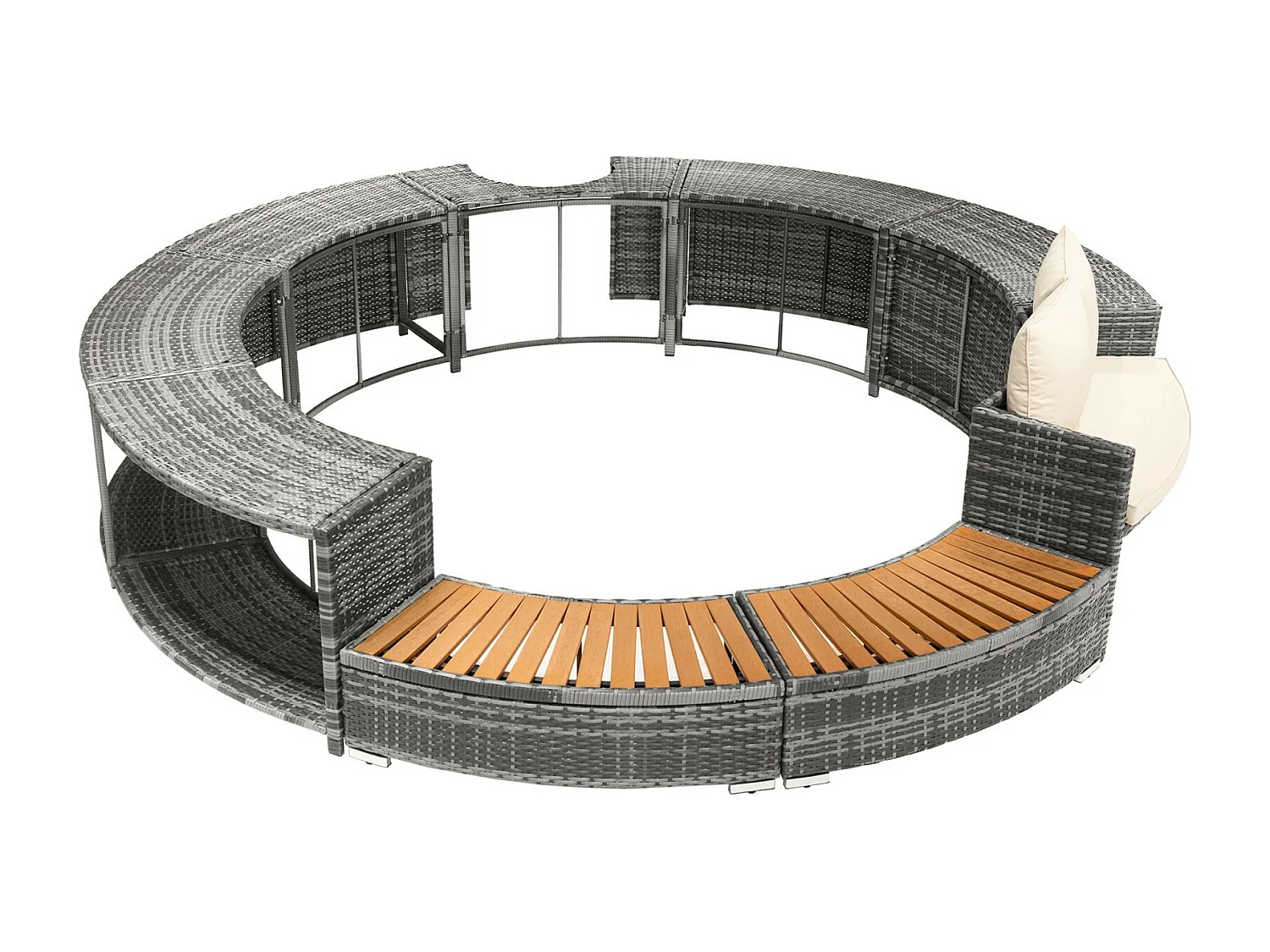 Tuinmeubilair met een ronde bank, beige kussens en opslag, verstelbare voeten, voor opblaasbaar zwembad - 283x283x55cm