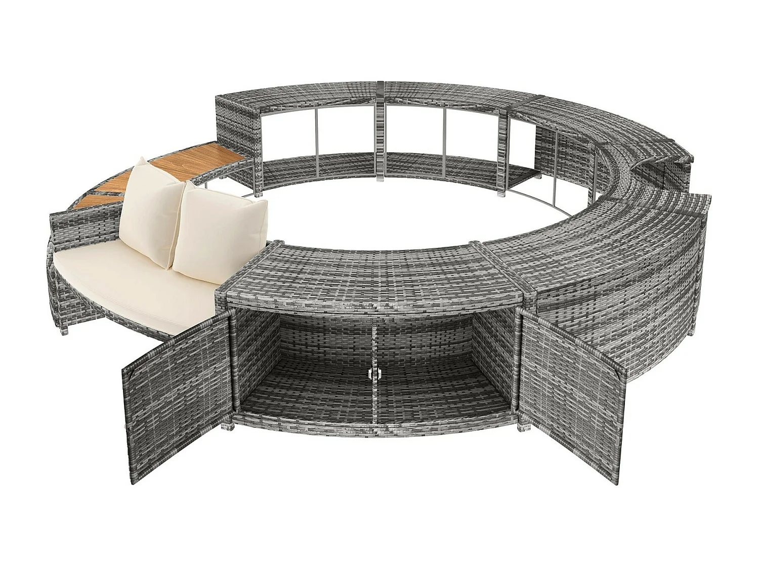 Tuinmeubilair met een ronde bank, beige kussens en opslag, verstelbare voeten, voor opblaasbaar zwembad - 283x283x55cm