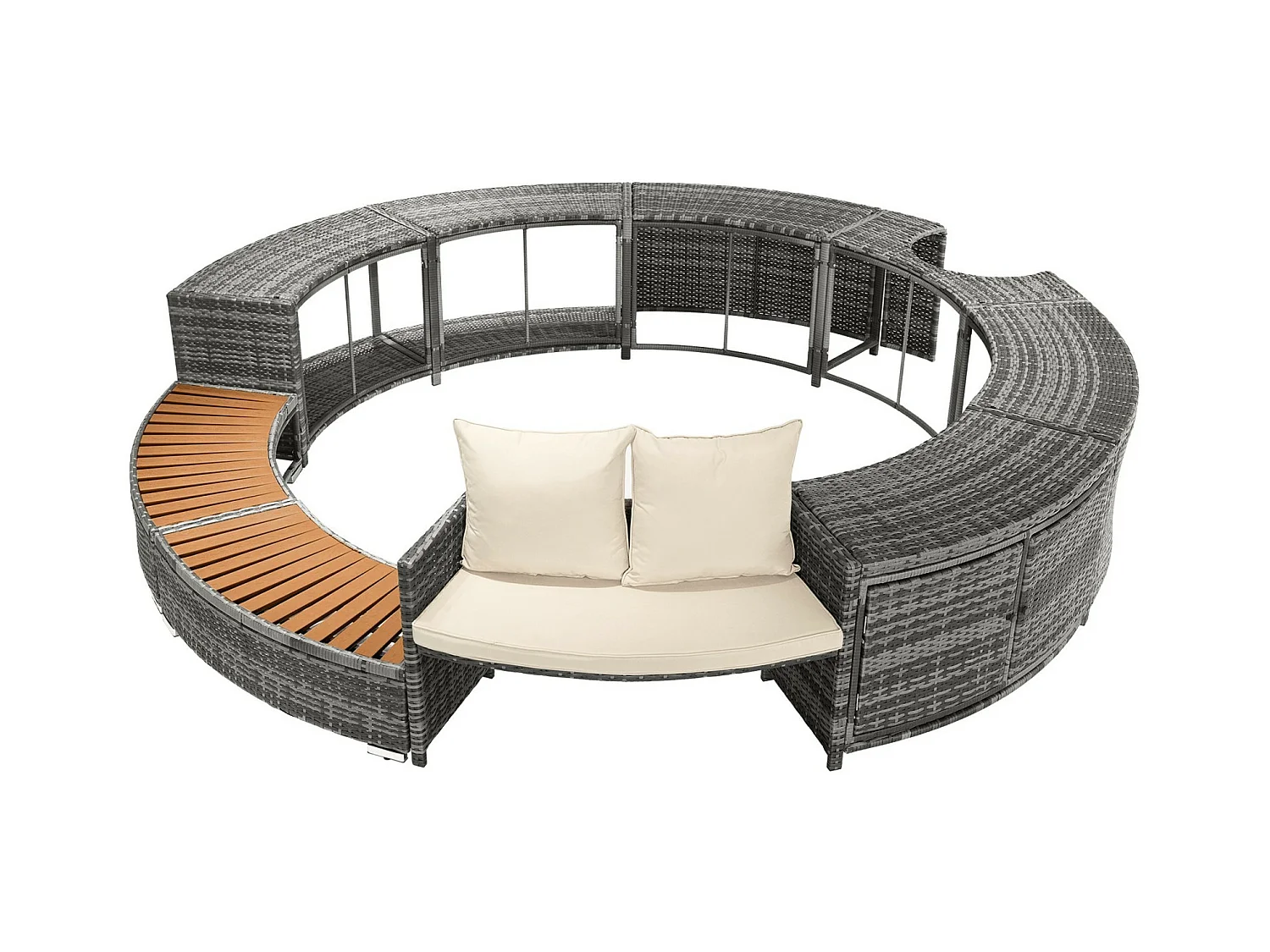 Gartenmöbel mit runden Sofa, beige Kissen und Lagerung, verstellbare Füße für aufblasbares Pool - 283x283x55 cm