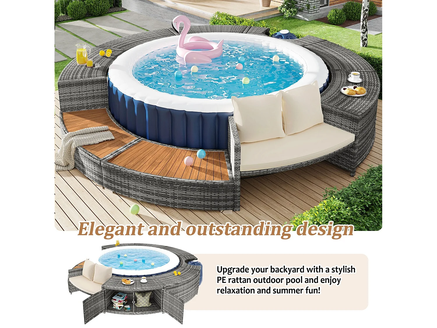 Tuinmeubilair met een ronde bank, beige kussens en opslag, verstelbare voeten, voor opblaasbaar zwembad - 283x283x55cm