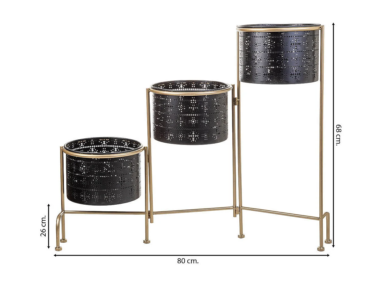 Suporte de metal com 3 Vaso de floress de metal preto 80x26x68