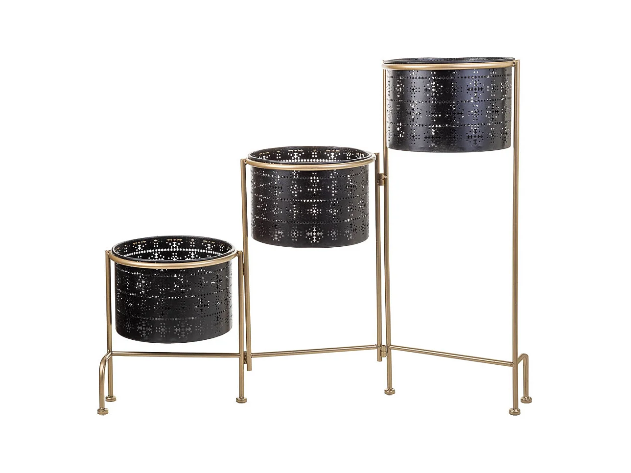 Soporte de metal con 3 maceteros de metal negro 80x26x68