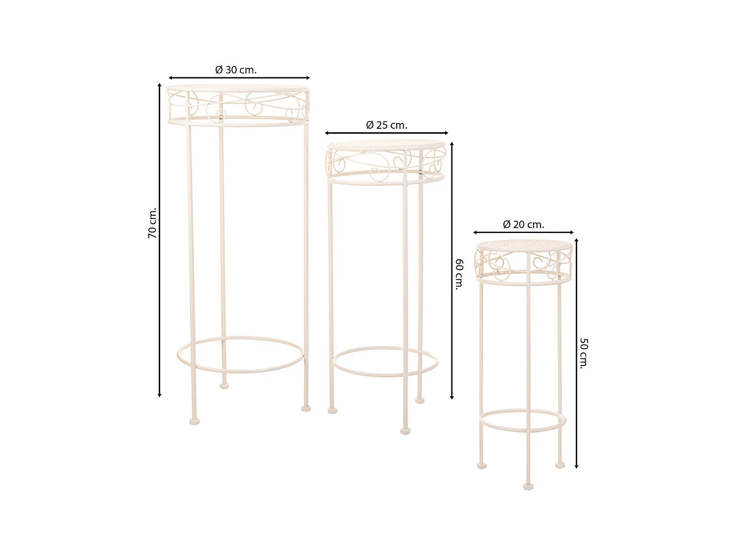 Conjunto de 3 suportes para vasos de flores em ferro forjado branco 30x30x70h-25x25x60h-20x20x50h cm
