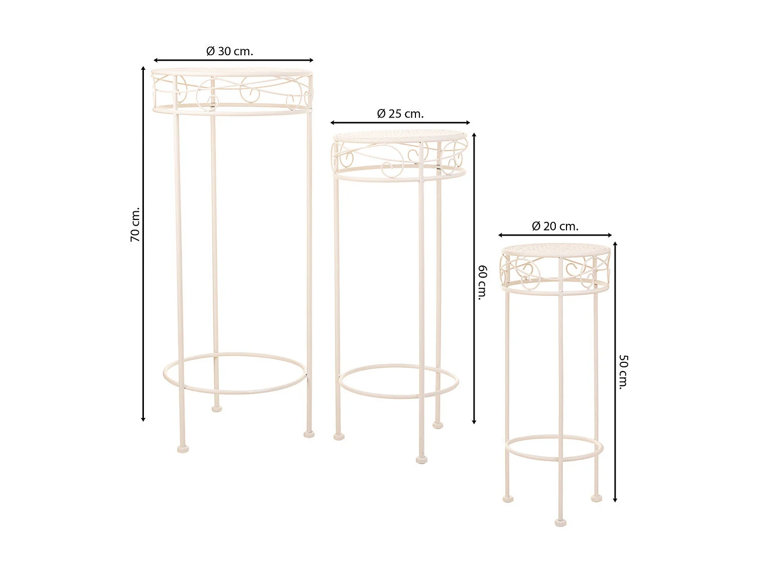 Lot de 3 cache-pots en fer forgé blanc 30x30x70h-25x25x60h-20x20x50h cm