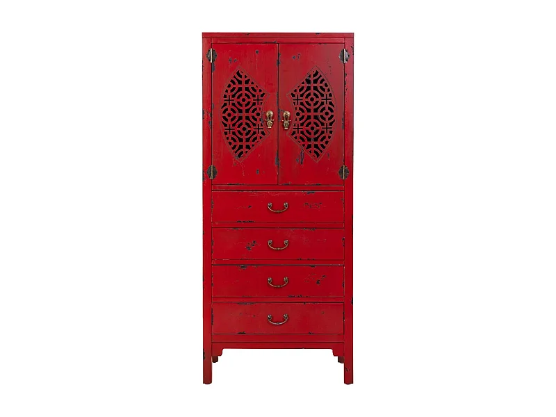 Armoire en bois avec 4 tiroirs et 2 portes en rouge 60x40x140h cm