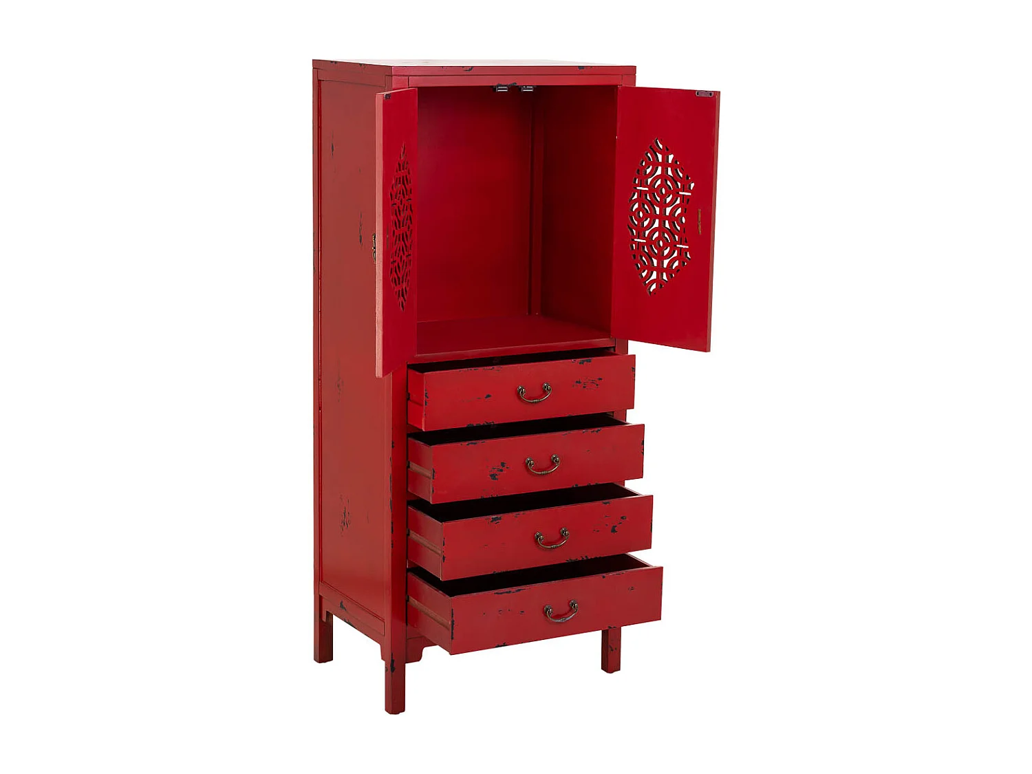 Armário em madeira com 4 gavetas e 2 portas em vermelho 60x40x140h cm