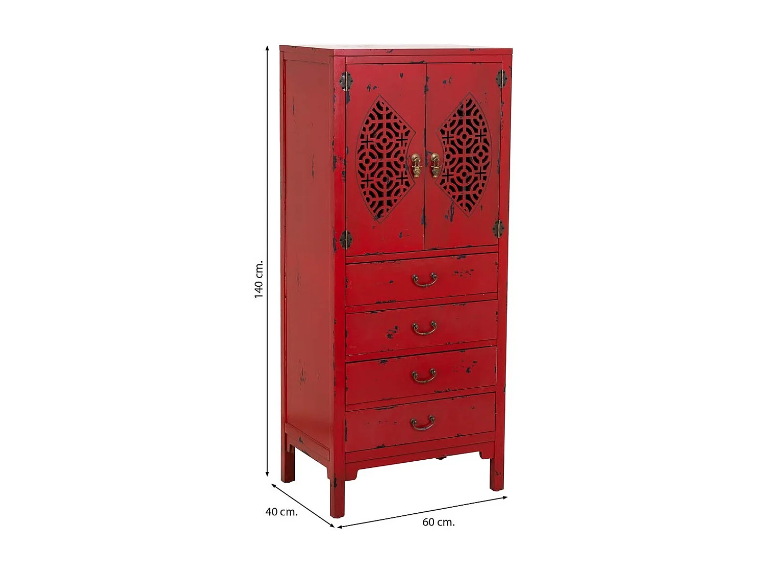 Mobiletto in legno con 4 cassetti e 2 ante rosso 60x40x140h cm