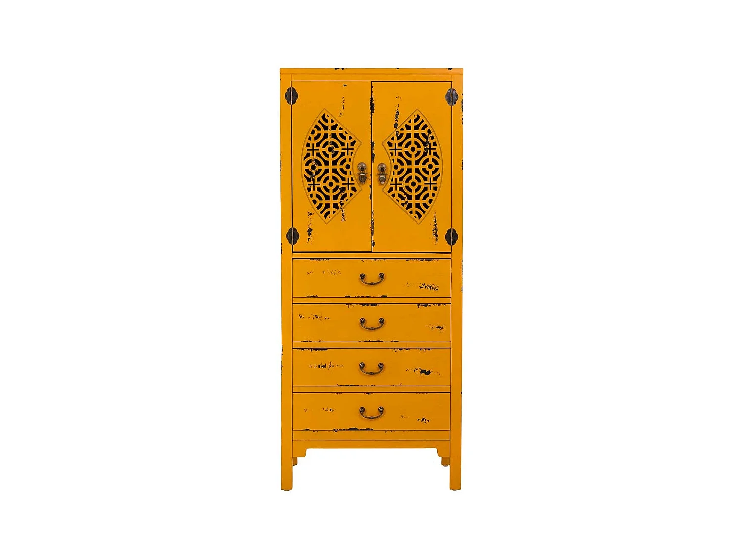 Armário em madeira com 4 gavetas e 2 portas, amarelo, 60x40x140h cm