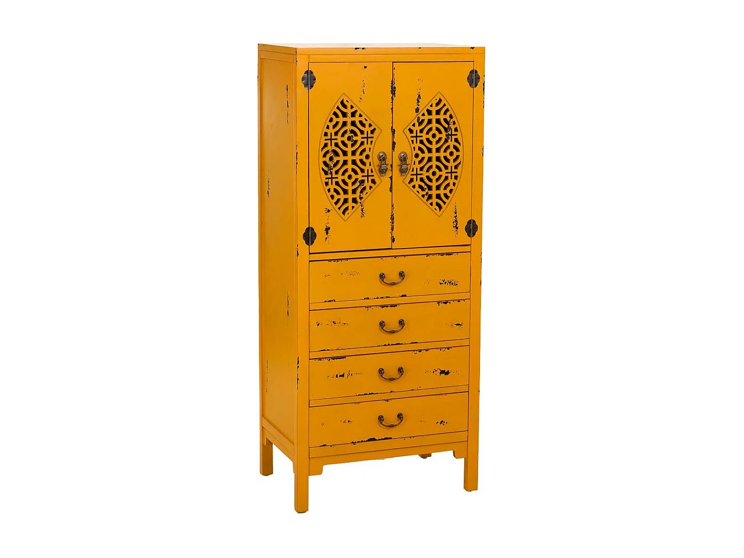 Armário em madeira com 4 gavetas e 2 portas, amarelo, 60x40x140h cm