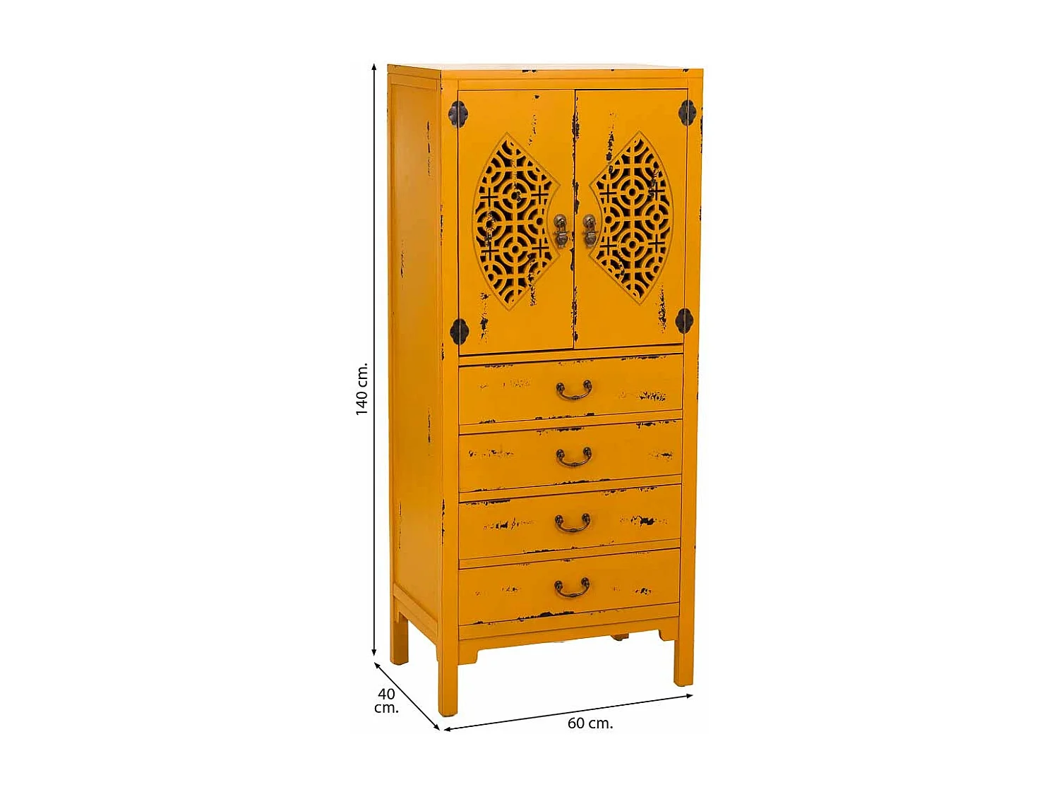 Holzkleiderschrank mit 4 Schubladen und 2 Türen, Gelb, 60x40x140H cm