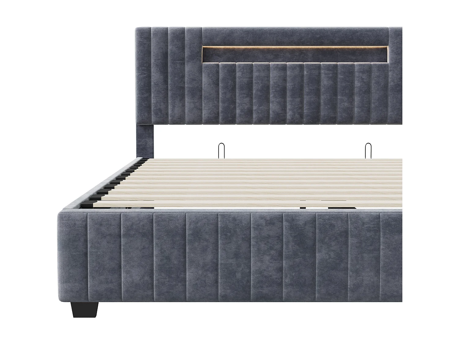 Lit double 140x200, éclairage LED, rangement sous le lit, dossier moelleux, capacité de charge 300kg, velours, gris